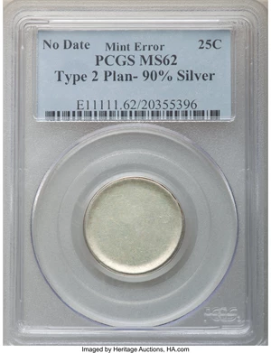 image for: Undated 25C 90% Silver Type Two Quarter Dollar -- Blank Planchet -- MS62 PCGS....