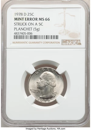image for: 1978-D 25C Washington Quarter Dollar -- Struck on a 5C Planchet -- MS66 NGC. (5 grams)....
