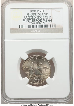 image for: 2001-P 25C Rhode Island Statehood Quarter Dollar -- Ragged Edge Clip -- MS64 NGC....
