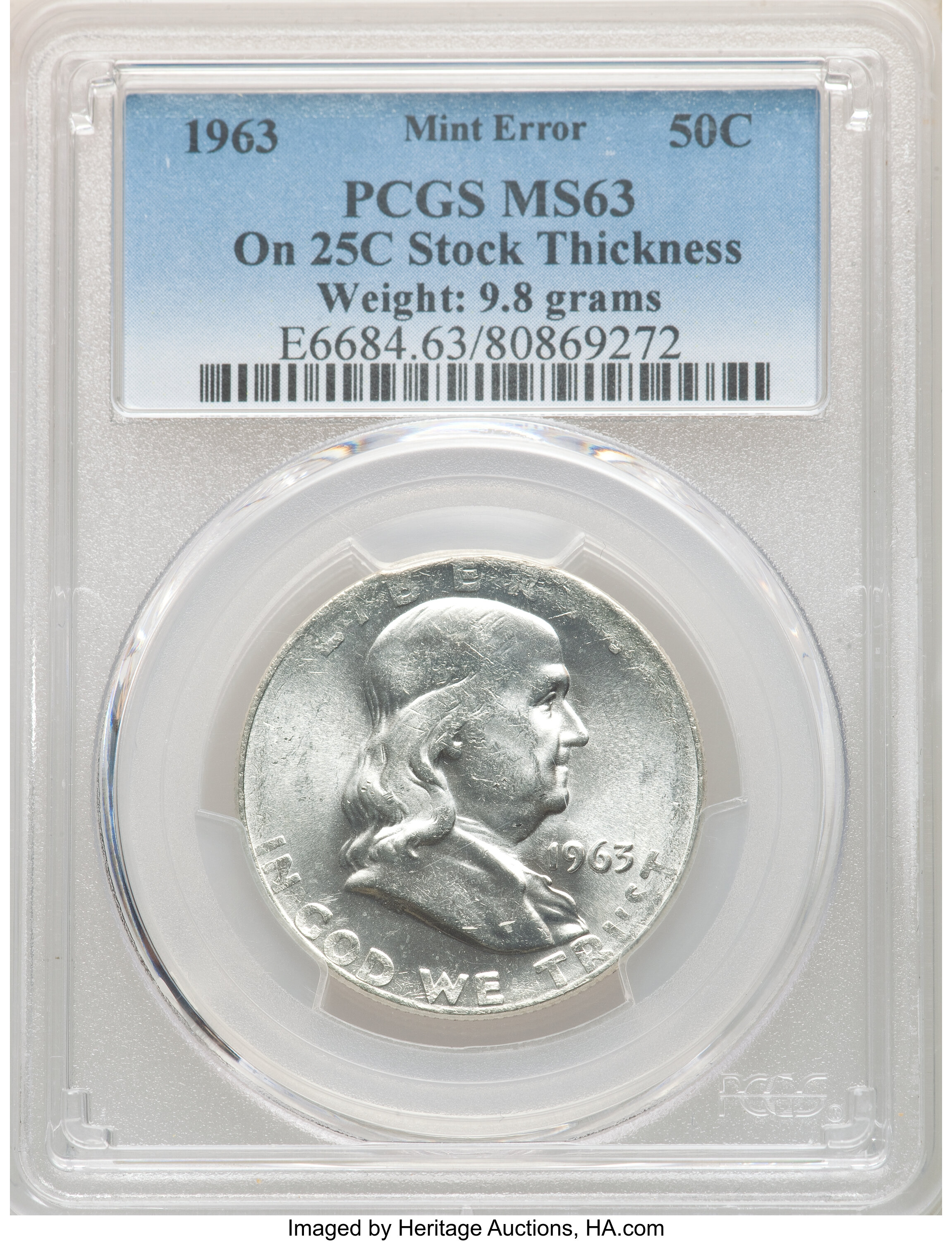 1963 50C Franklin Half Dollar -- Struck on 25C Stock Thickness -- MS63 PCGS. Weigh: 9.8 grams. PCGS Population: (1521/21649...