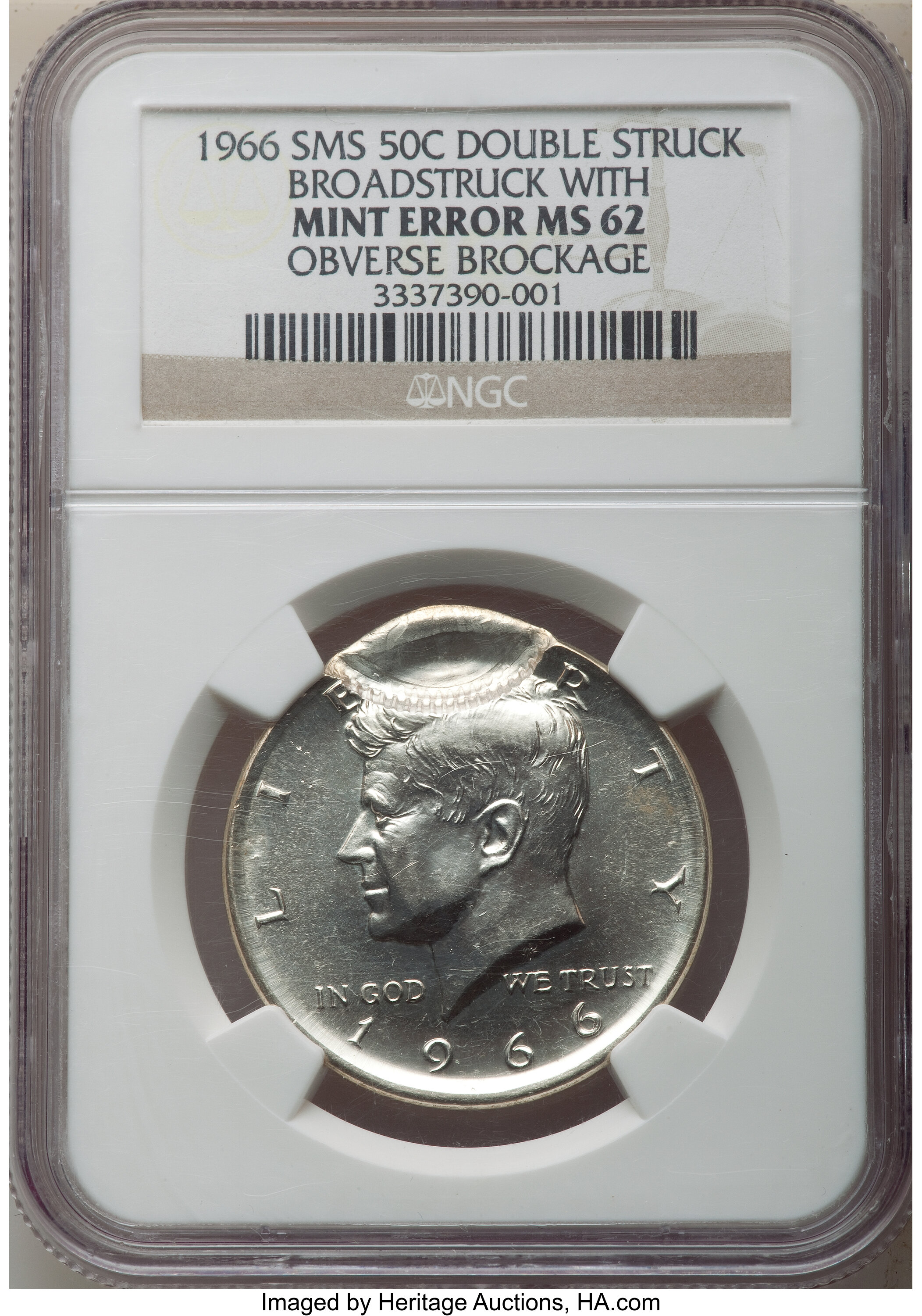 1966 50C SMS Kennedy Half Dollar -- Double Struck, Broadstruck with Obverse Brockage -- MS62 NGC. The second strike is minu...