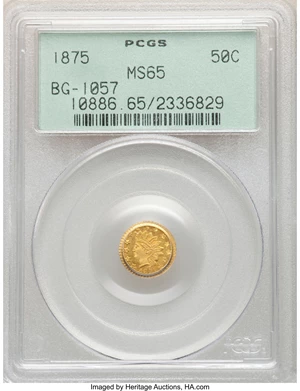 image for: 1875 50C Indian Round 50 Cents, BG-1057, High R.5, MS65 PCGS. PCGS Population: (2/0). NGC Census: (0/0). MS65. ...