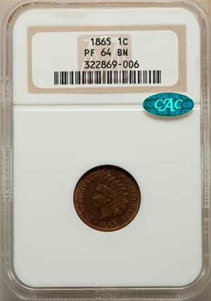 image for: 1865 1C PR64 Brown NGC. CAC. NGC Census: (18/7). PCGS Population: (26/7). CDN: $400 Whsle. Bid for NGC/PCGS PR64. Mintage 5...
