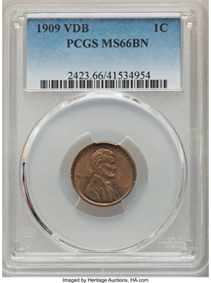 image for: 1909 1C VDB MS66 Brown PCGS. PCGS Population: (33/0). NGC Census: (68/4). CDN: $80 Whsle. Bid for NGC/PCGS MS66. Mintage 27...