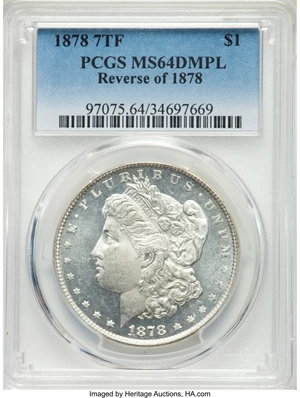 image for: 1878 7TF $1 Reverse of 1878 MS64 Deep Mirror Prooflike PCGS. VAM-79, a Hot 50 Variety. Missing nostril, Long Nock, disconne...