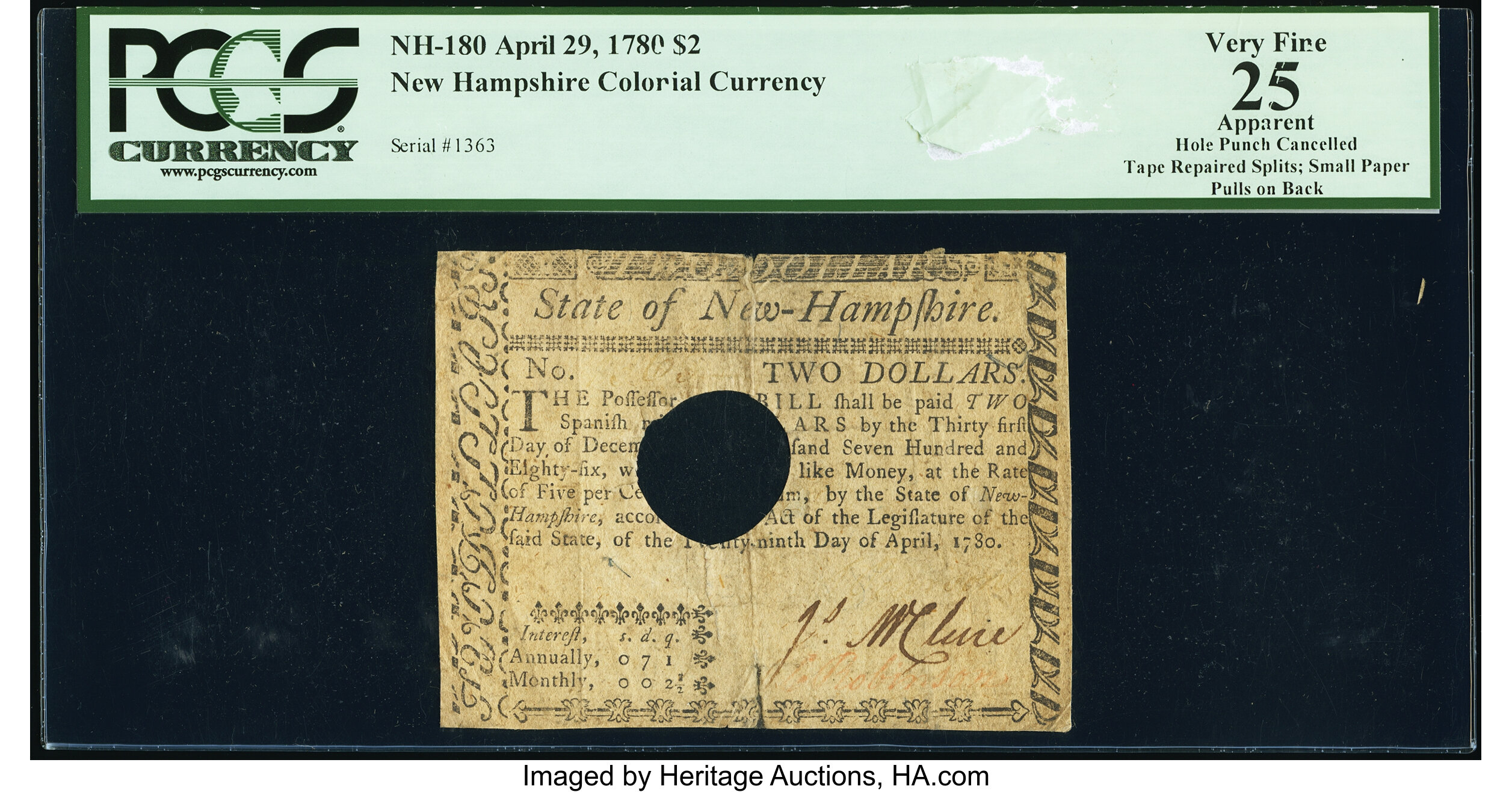 image for: New Hampshire April 29, 1780 $2 PCGS Apparent Very Fine 25, hole punch cancelled....