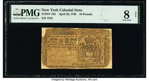 image for: New York April 20, 1756 £10 PMG Very Good 8 Net....