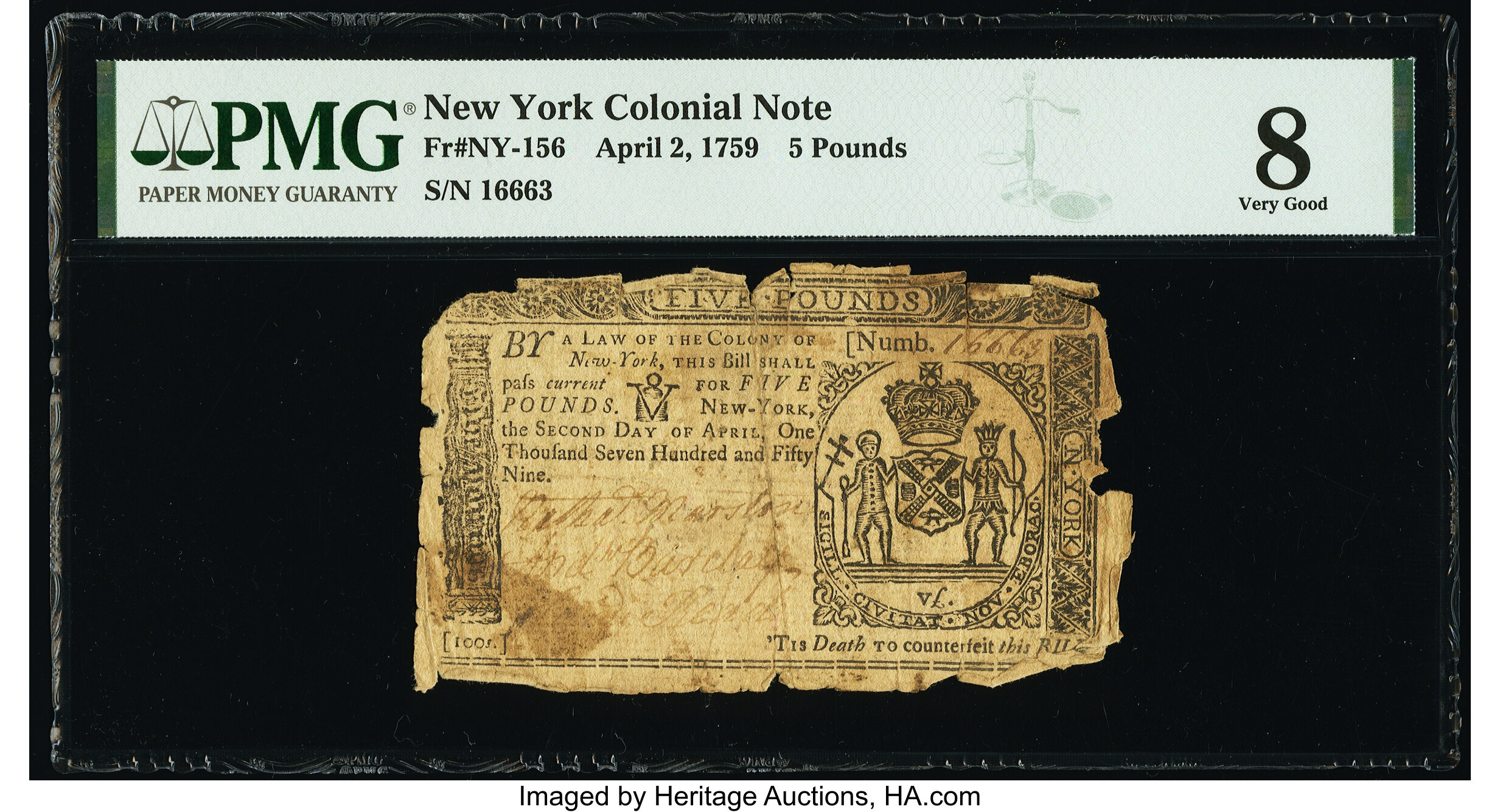 image for: New York April 2, 1759 £5 PMG Very Good 8....