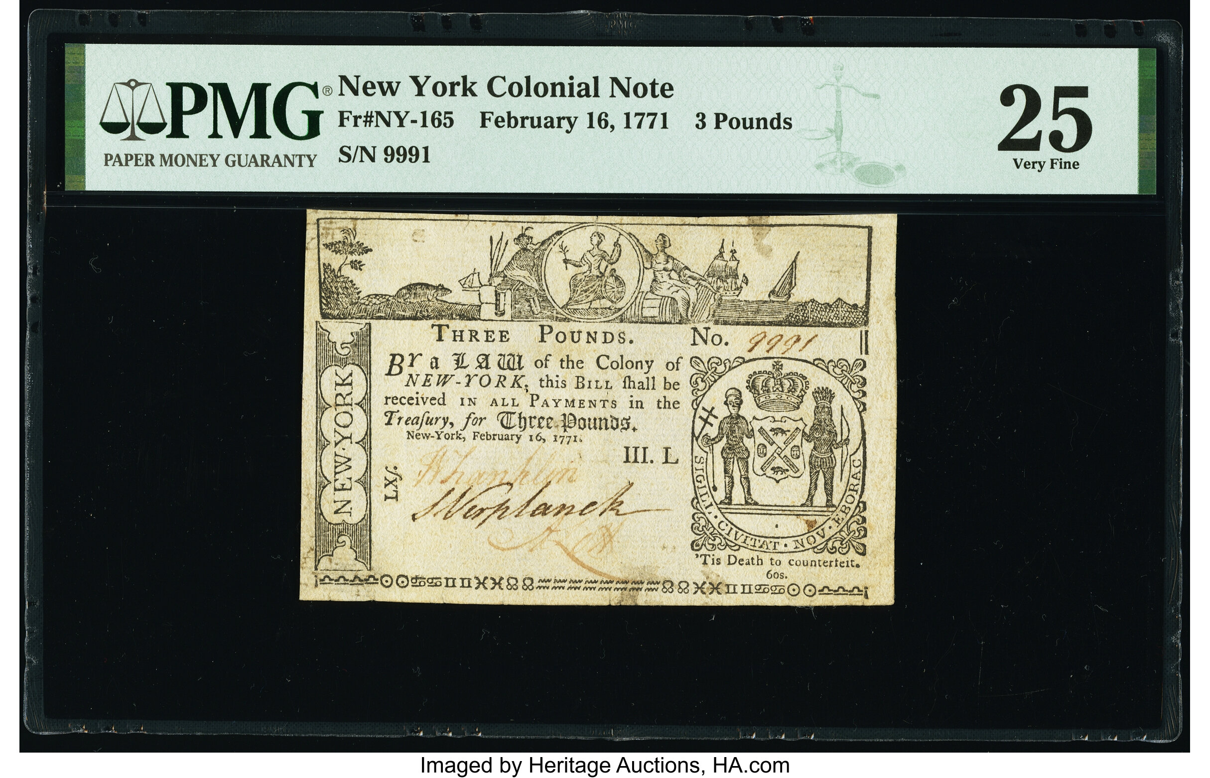 image for: New York February 16, 1771 £3 PMG Very Fine 25....