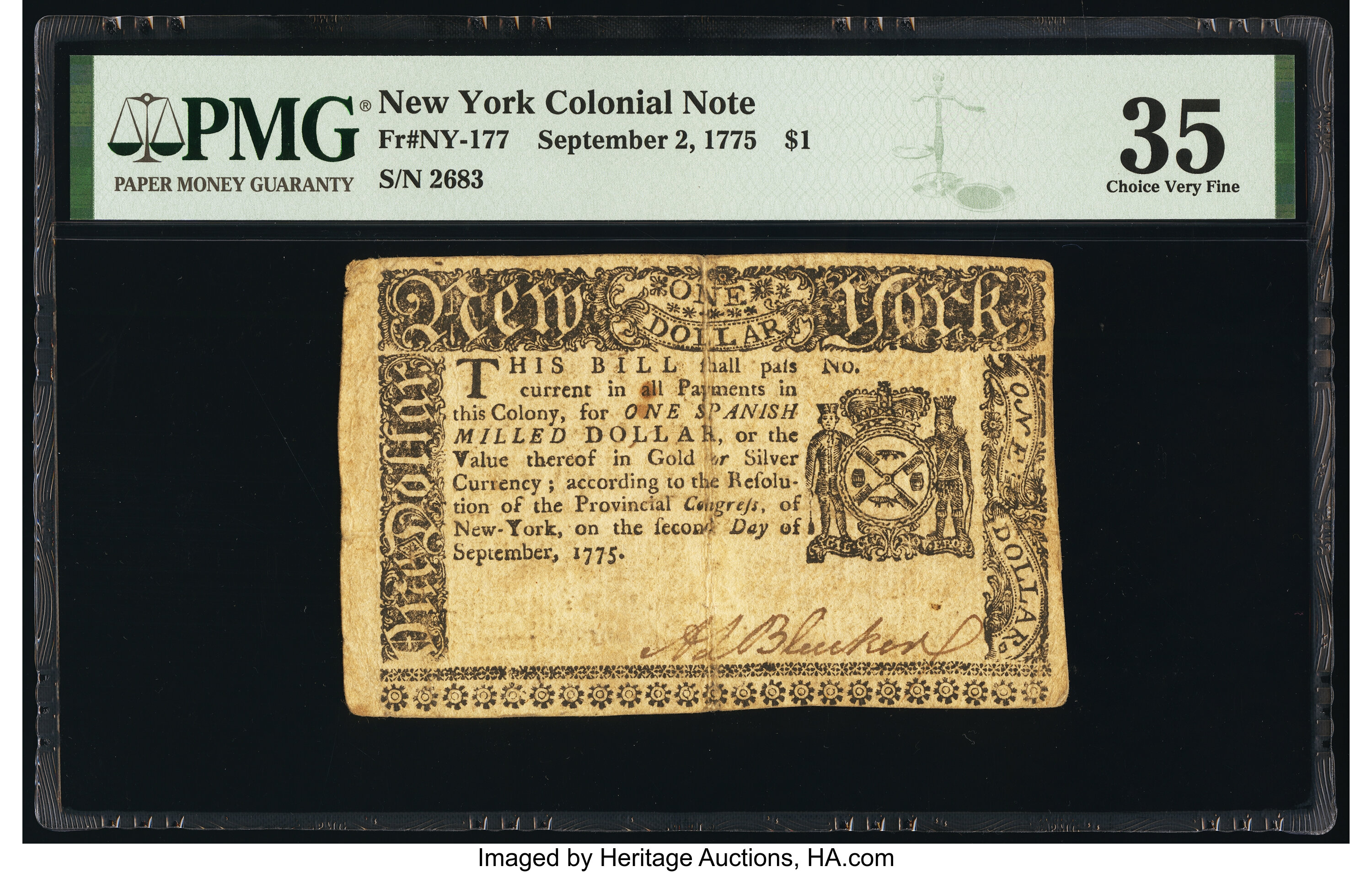 image for: New York September 2, 1775 $1 PMG Choice Very Fine 35....