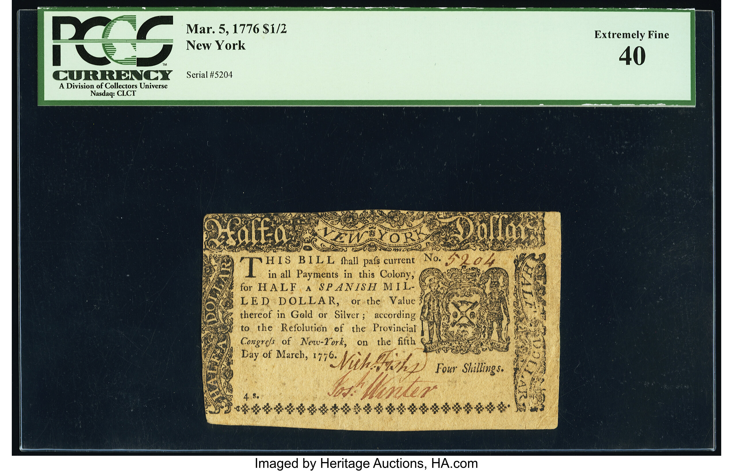 image for: New York March 5, 1776 $1/2 PCGS Extremely Fine 40....