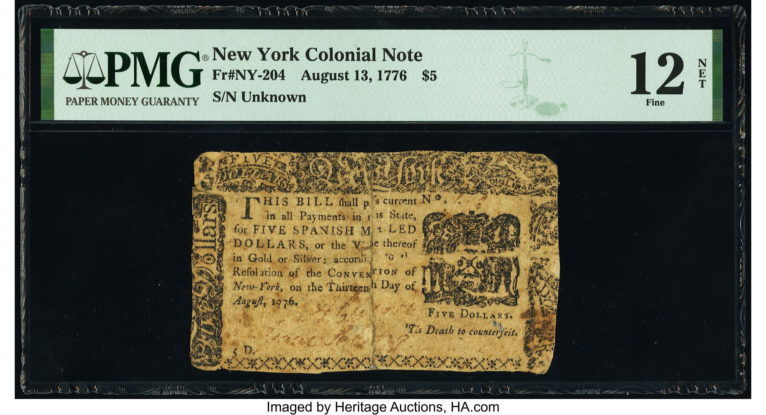 image for: New York August 13, 1776 $5 PMG Fine 12 Net....