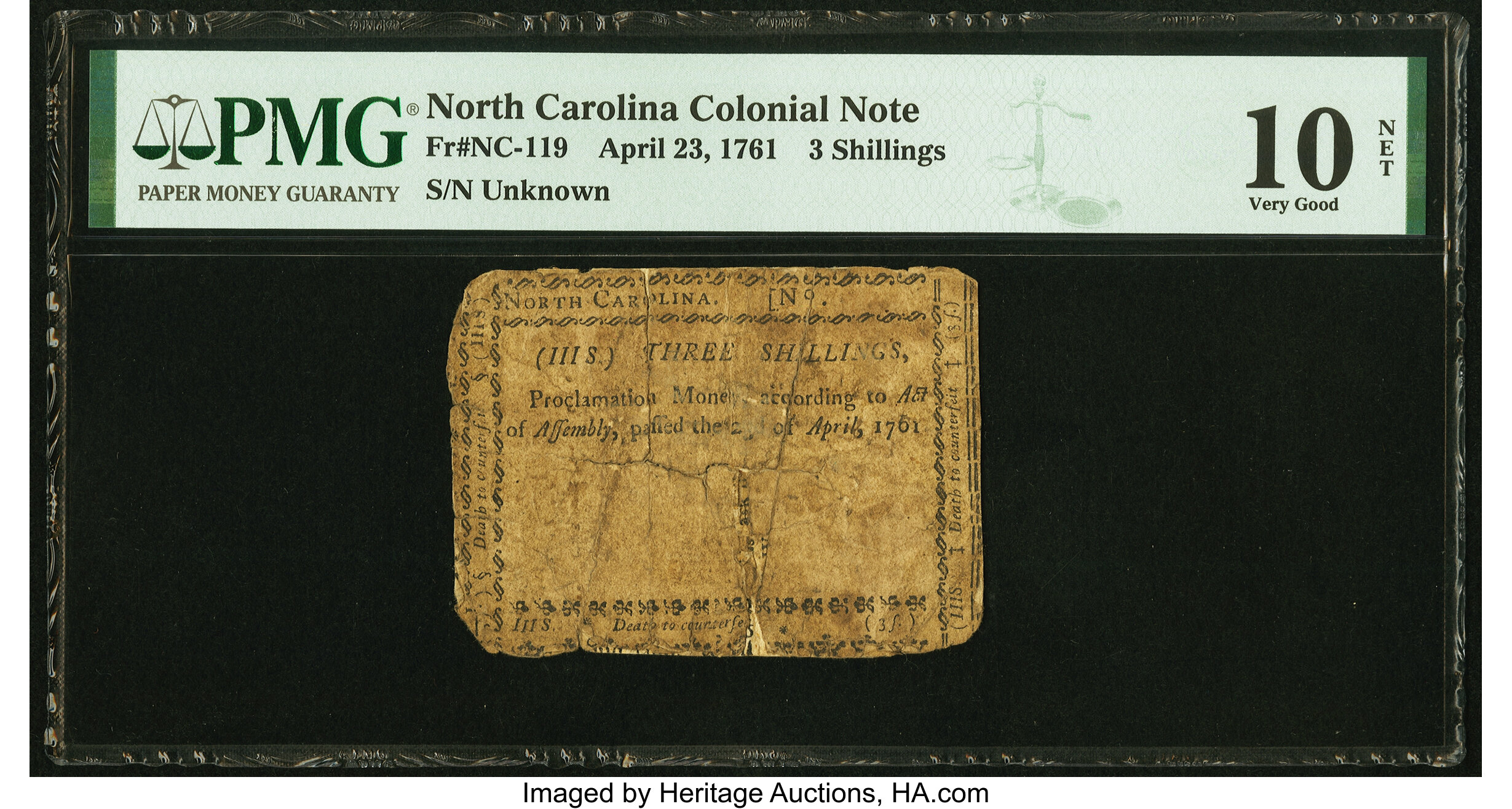 image for: North Carolina April 23, 1761 3s PMG Very Good 10 Net....