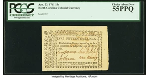 image for: North Carolina April 23, 1761 15s PCGS Choice About New 55PPQ....