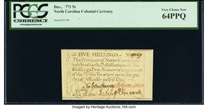 image for: North Carolina December, 1771 5s PCGS Very Choice New 64PPQ....