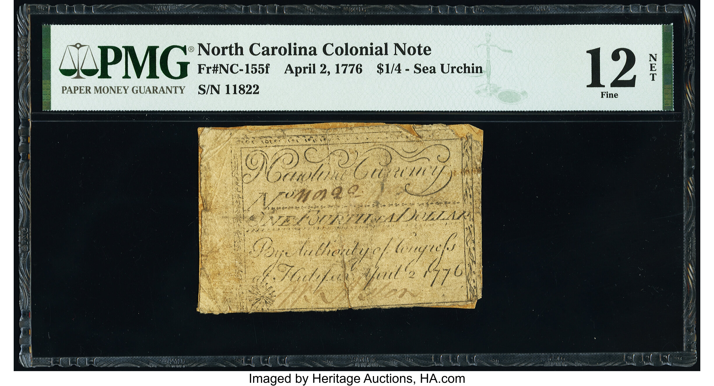 image for: North Carolina April 2, 1776 $1/4 Sea Urchin PMG Fine 12 Net....