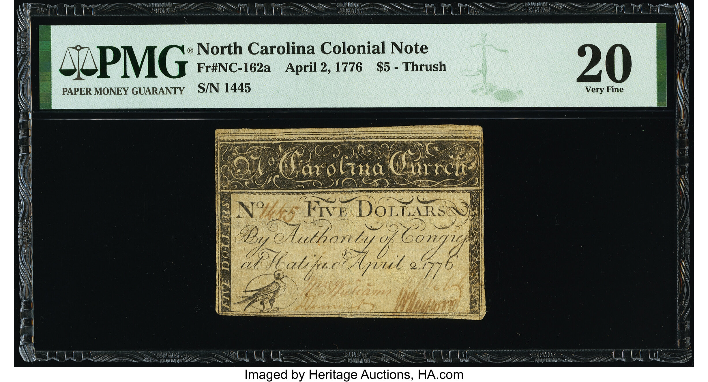 image for: North Carolina April 2, 1776 $5 Thrush PMG Very Fine 20....