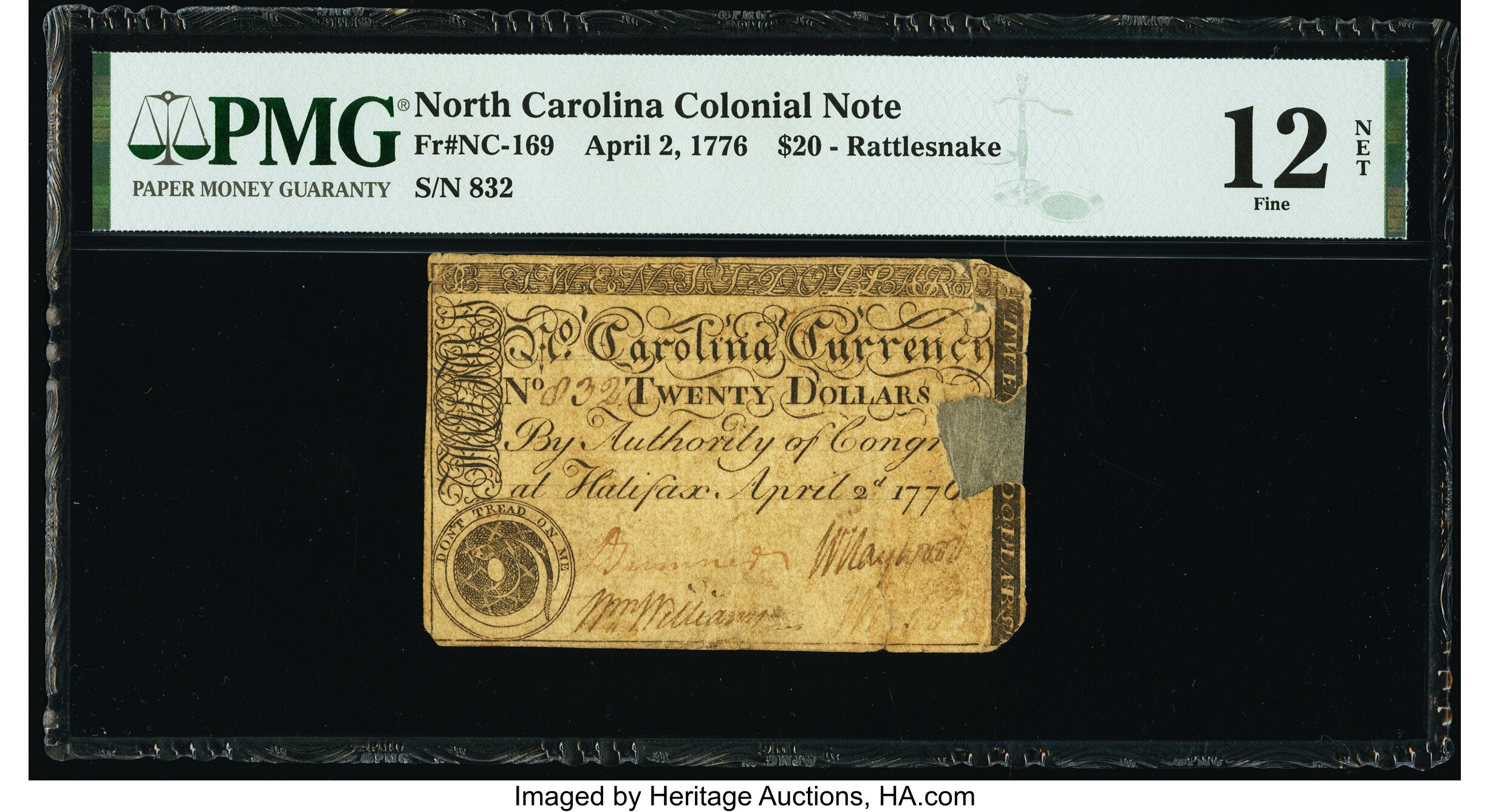 image for: North Carolina April 2, 1776 $20 Rattlesnake PMG Fine 12 Net....
