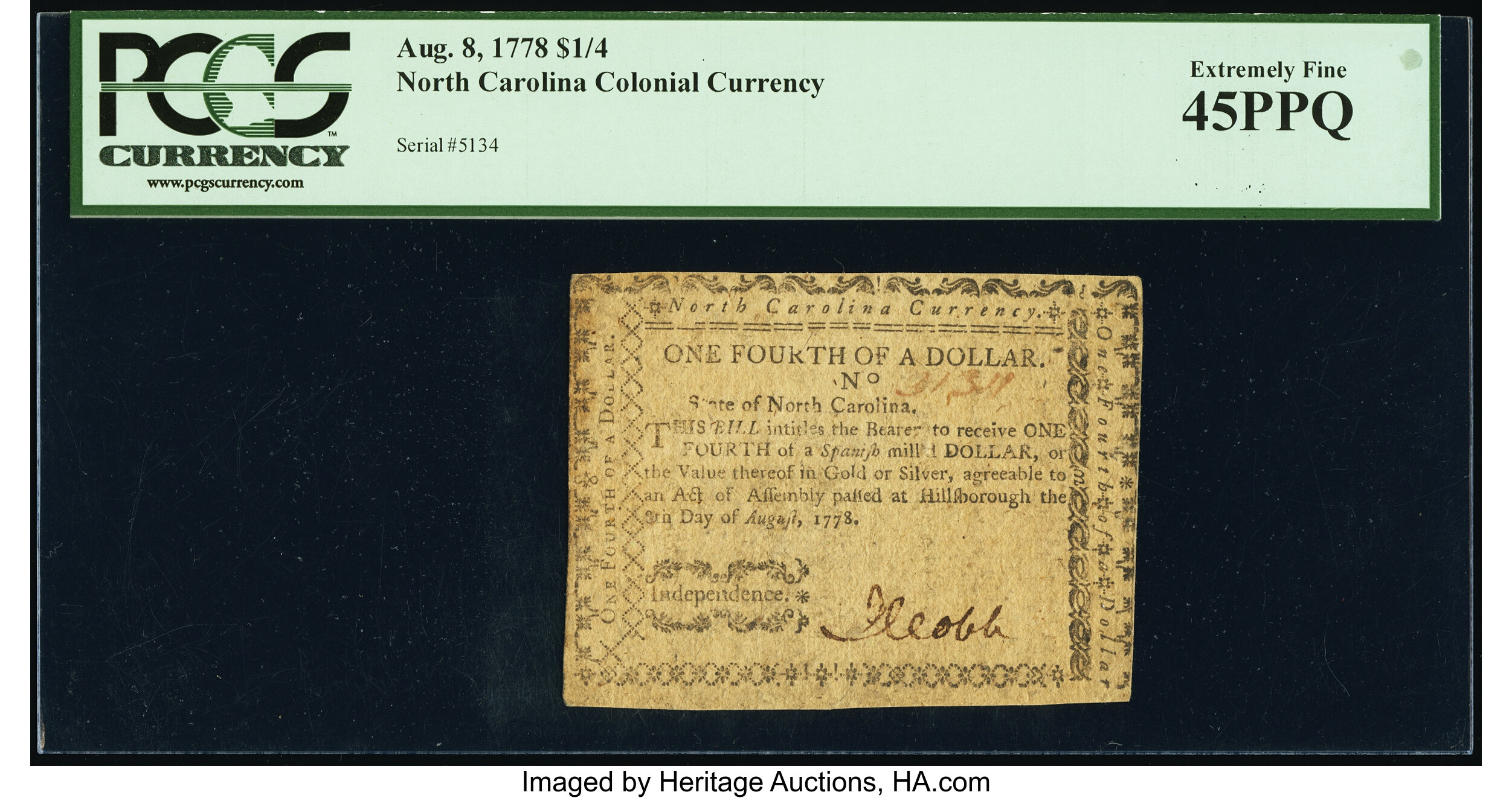 image for: North Carolina August 8, 1778 $1/4 Independence PCGS Extremely Fine 45PPQ....