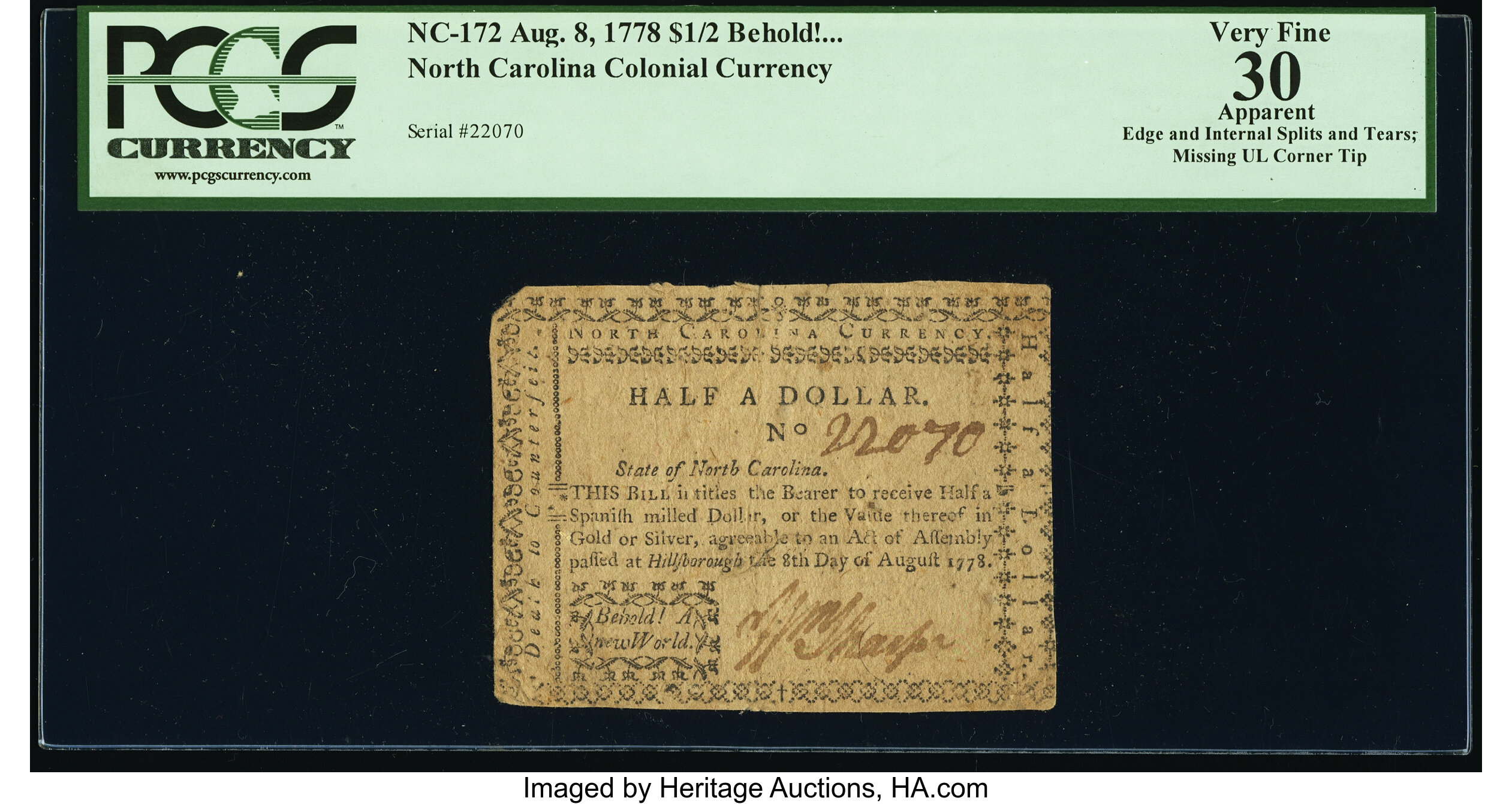 image for: North Carolina August 8, 1778 $1/2 Behold! A New World PCGS Apparent Very Fine 30....