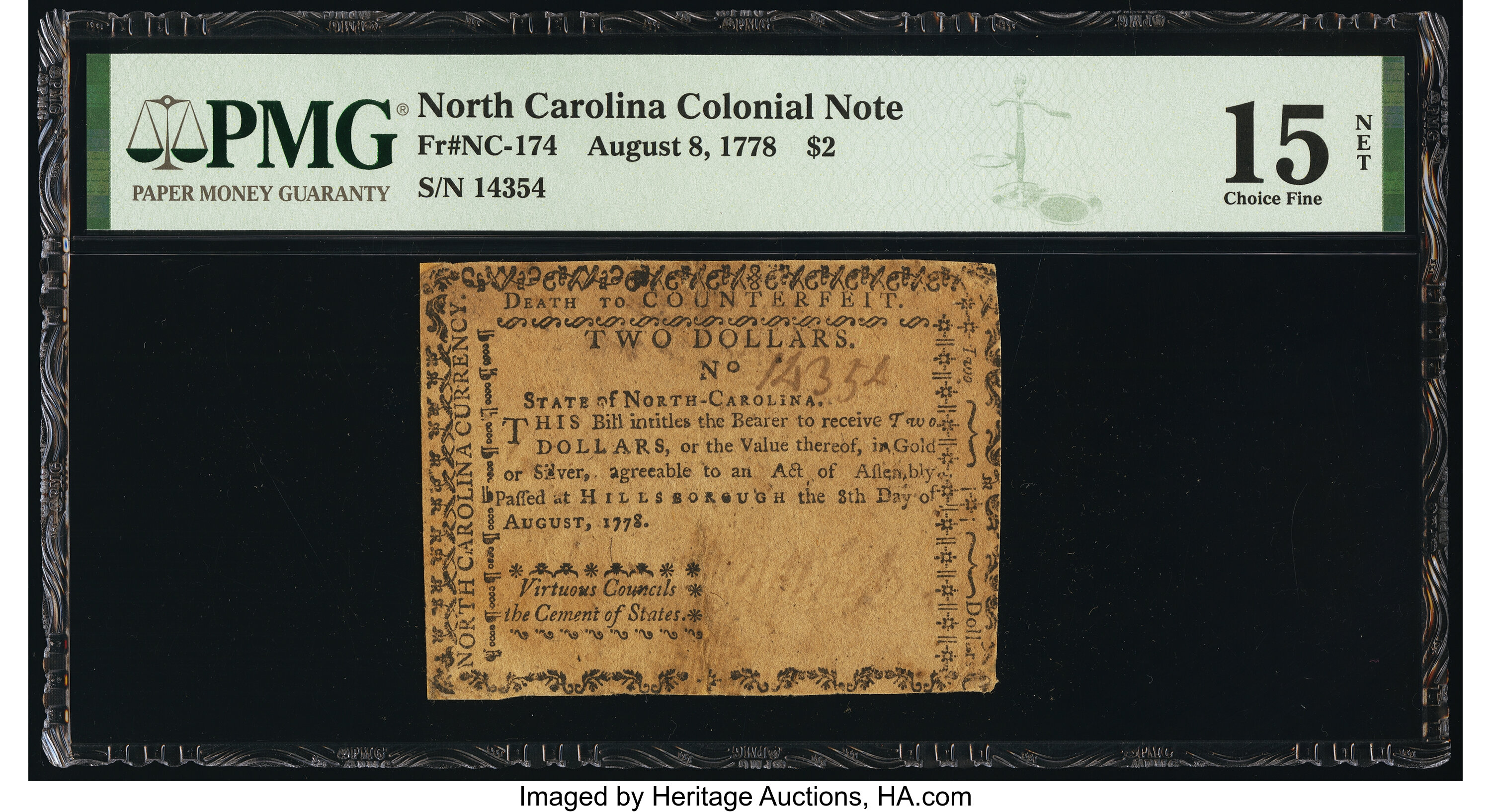 image for: North Carolina August 8, 1778 $2 Virtuous Councils the Cement of States PMG Choice Fine 15 Net....