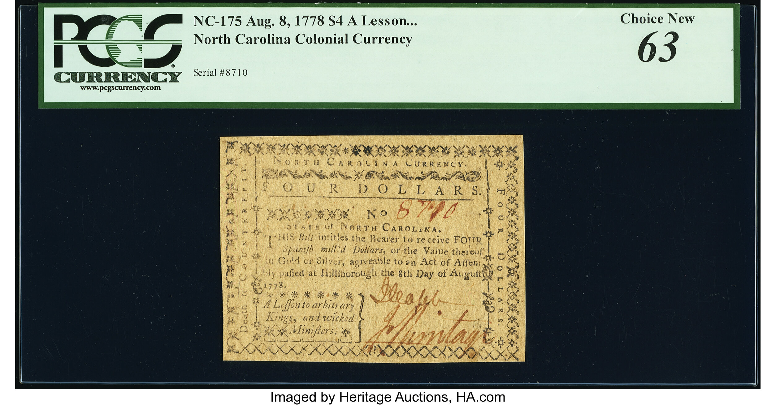image for: North Carolina August 8, 1778 $4 A Lesson to arbitrary Kings, and wicked Ministers PCGS Choice New 63....