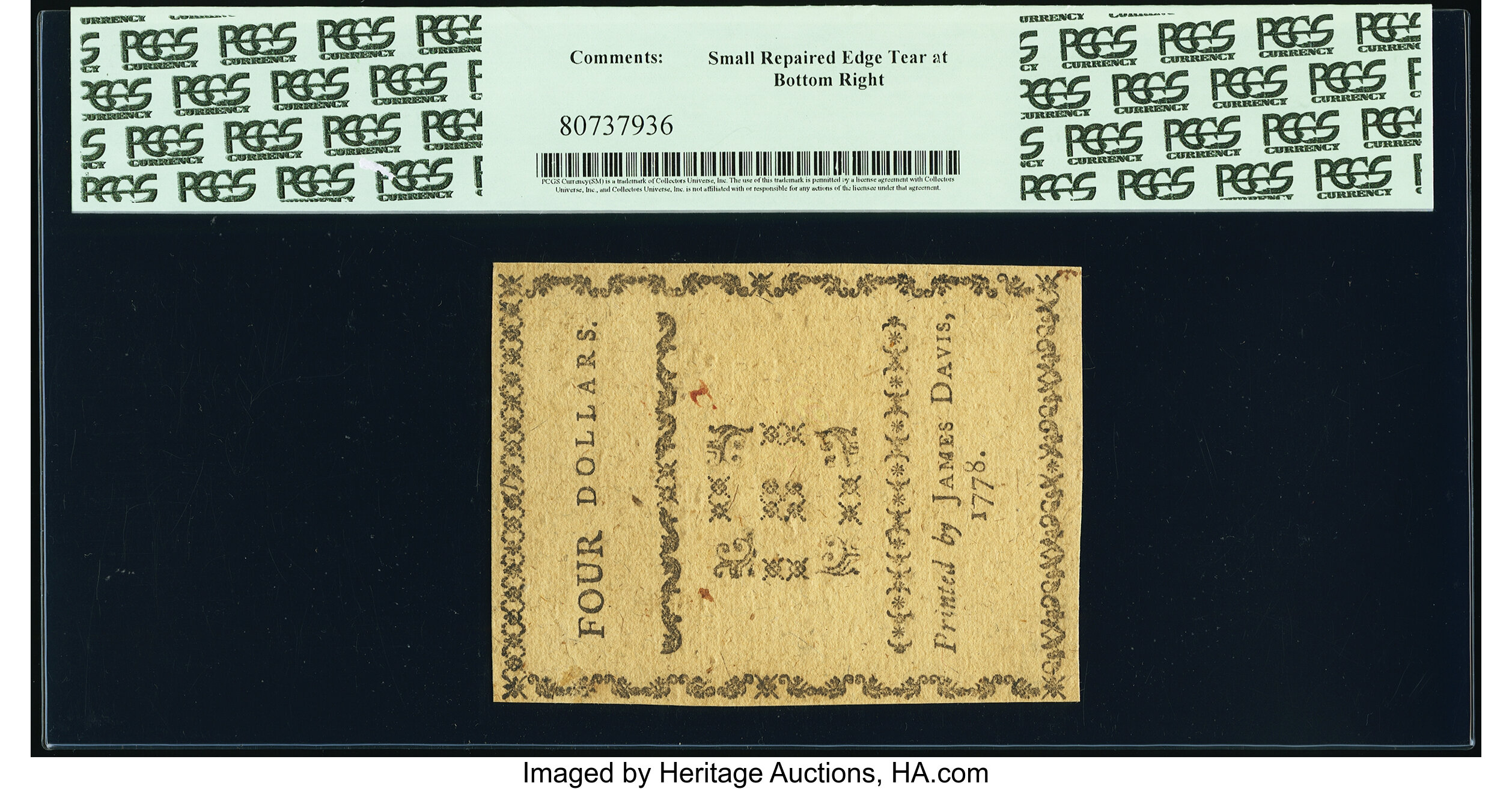 image for: North Carolina August 8, 1778 $4 A Lesson to arbitrary Kings, and wicked Ministers PCGS Choice New 63....