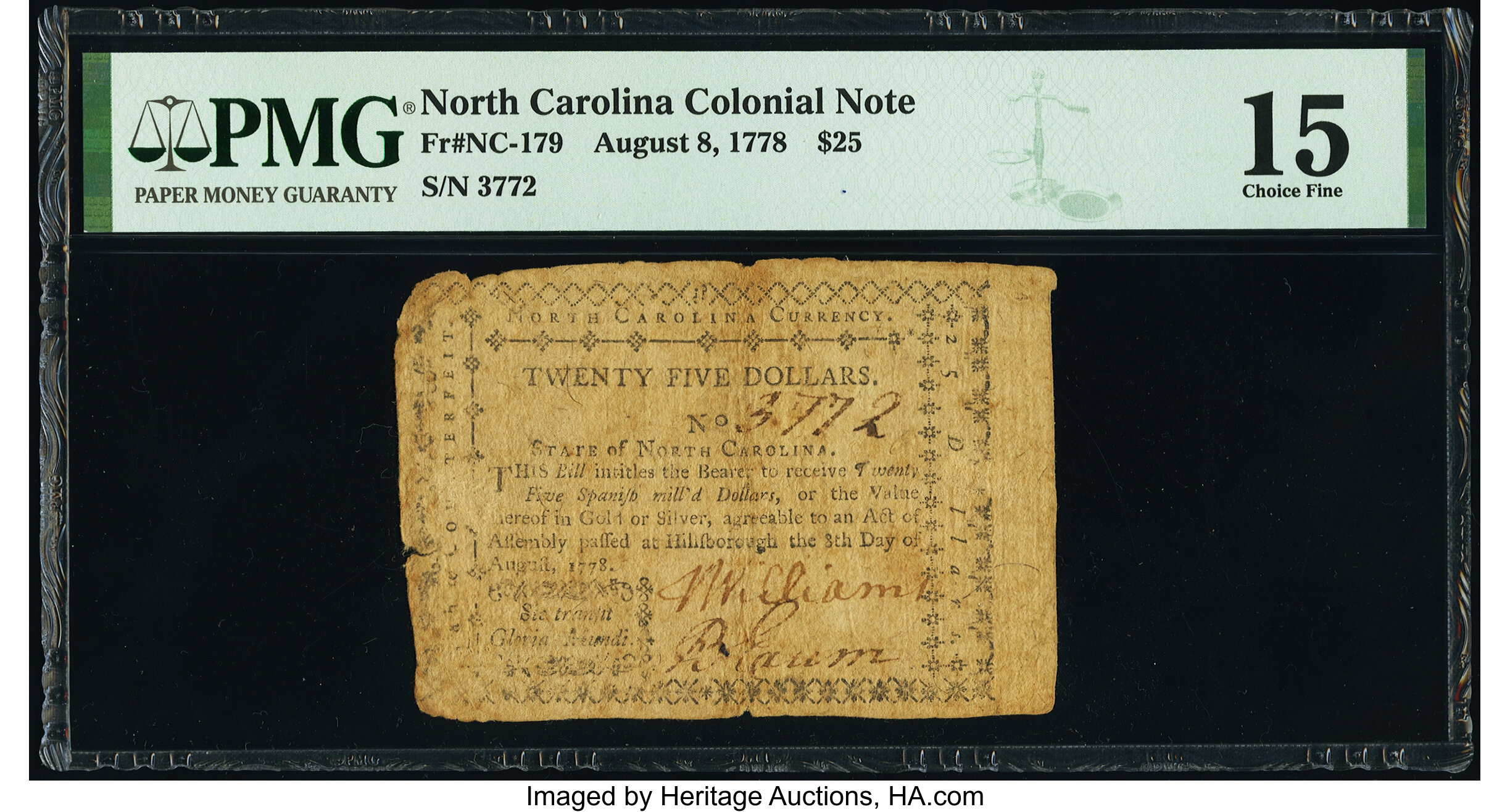 image for: North Carolina August 8, 1778 $25 Sic Transit Gloria Mundi PMG Choice Fine 15....