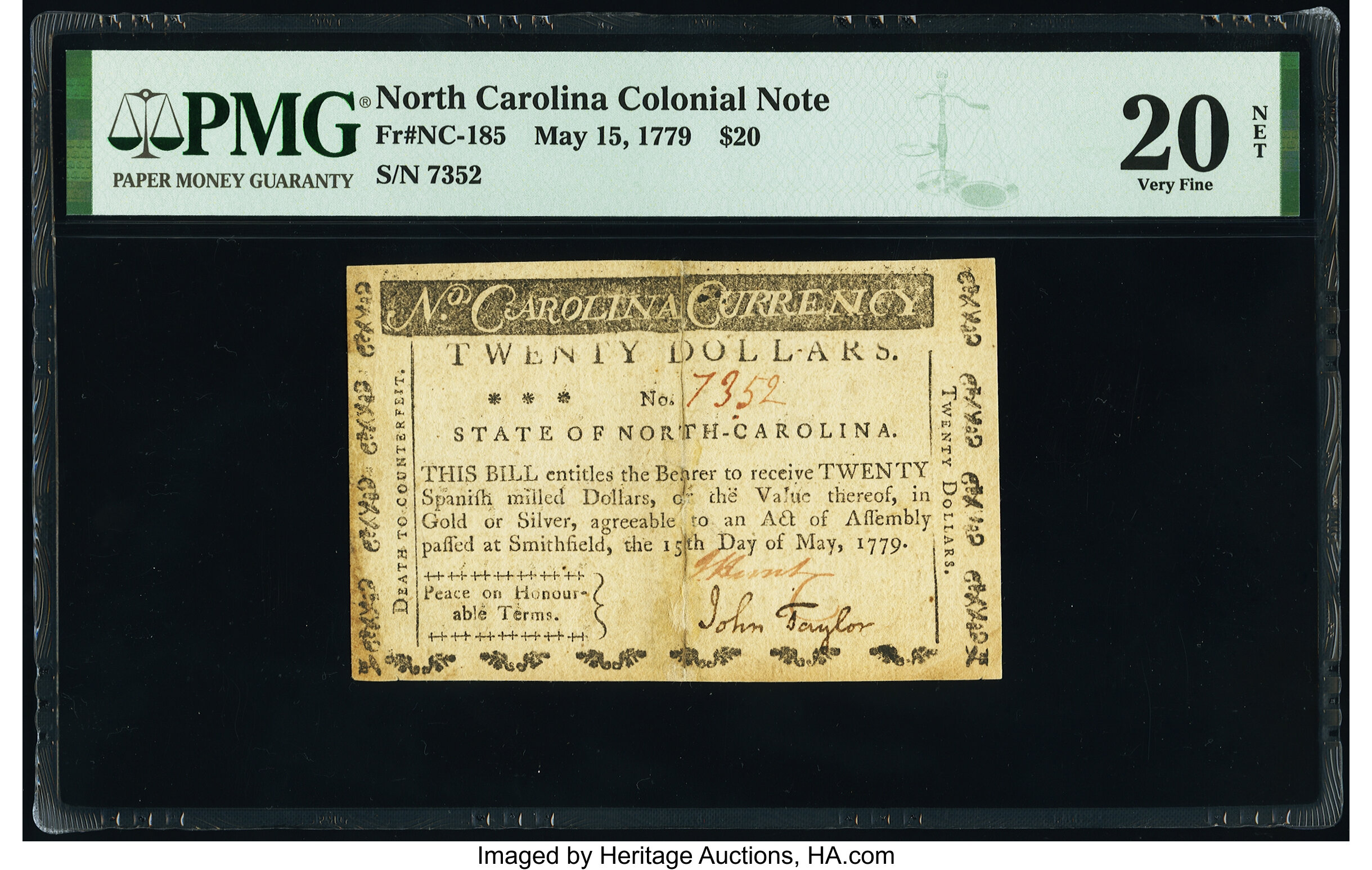 image for: North Carolina May 15, 1779 $20 Peace on Honorable Terms PMG Very Fine 20 Net....