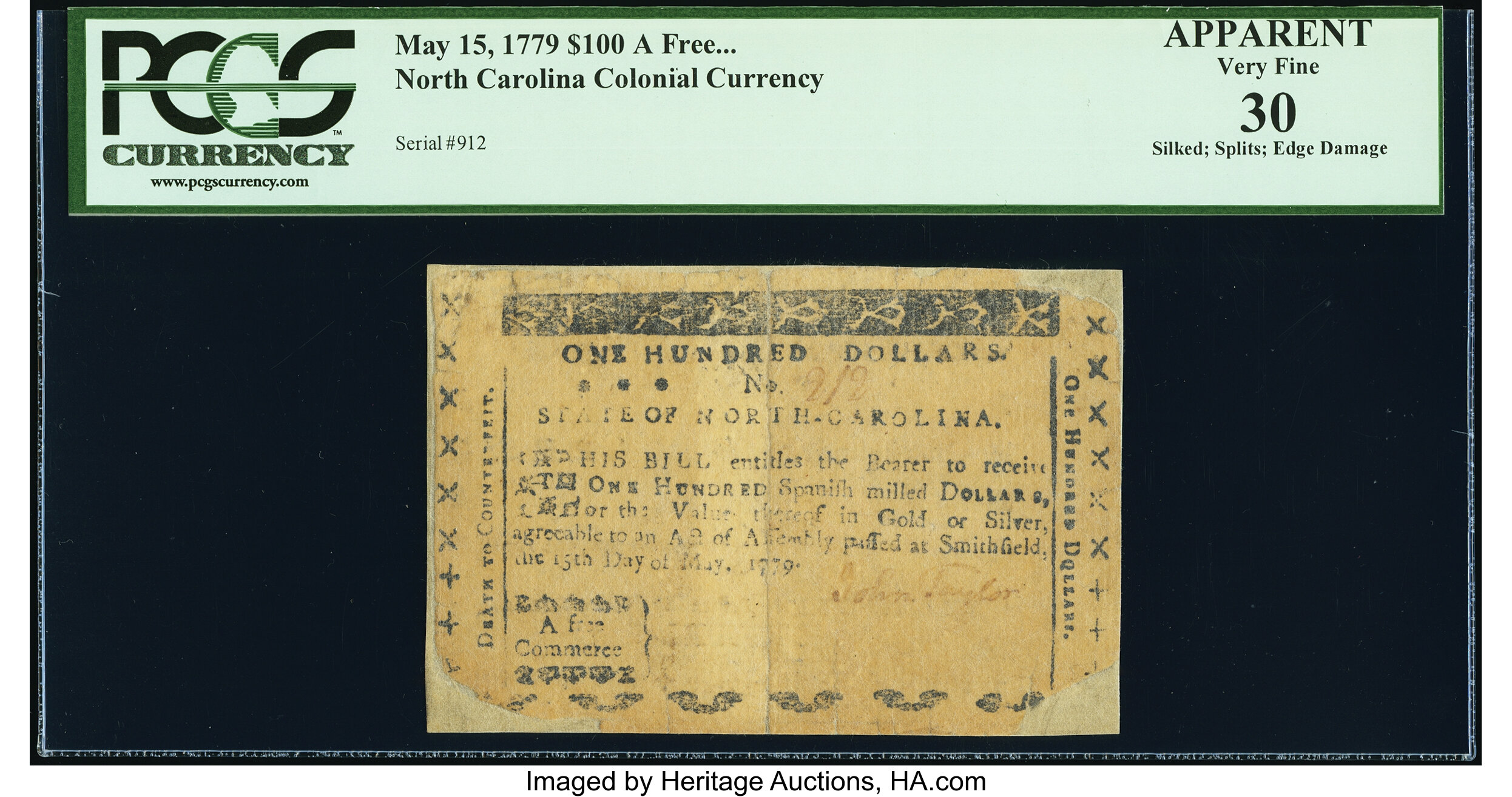 image for: North Carolina May 15, 1779 $100 A free Commerce PCGS Apparent Very Fine 30....