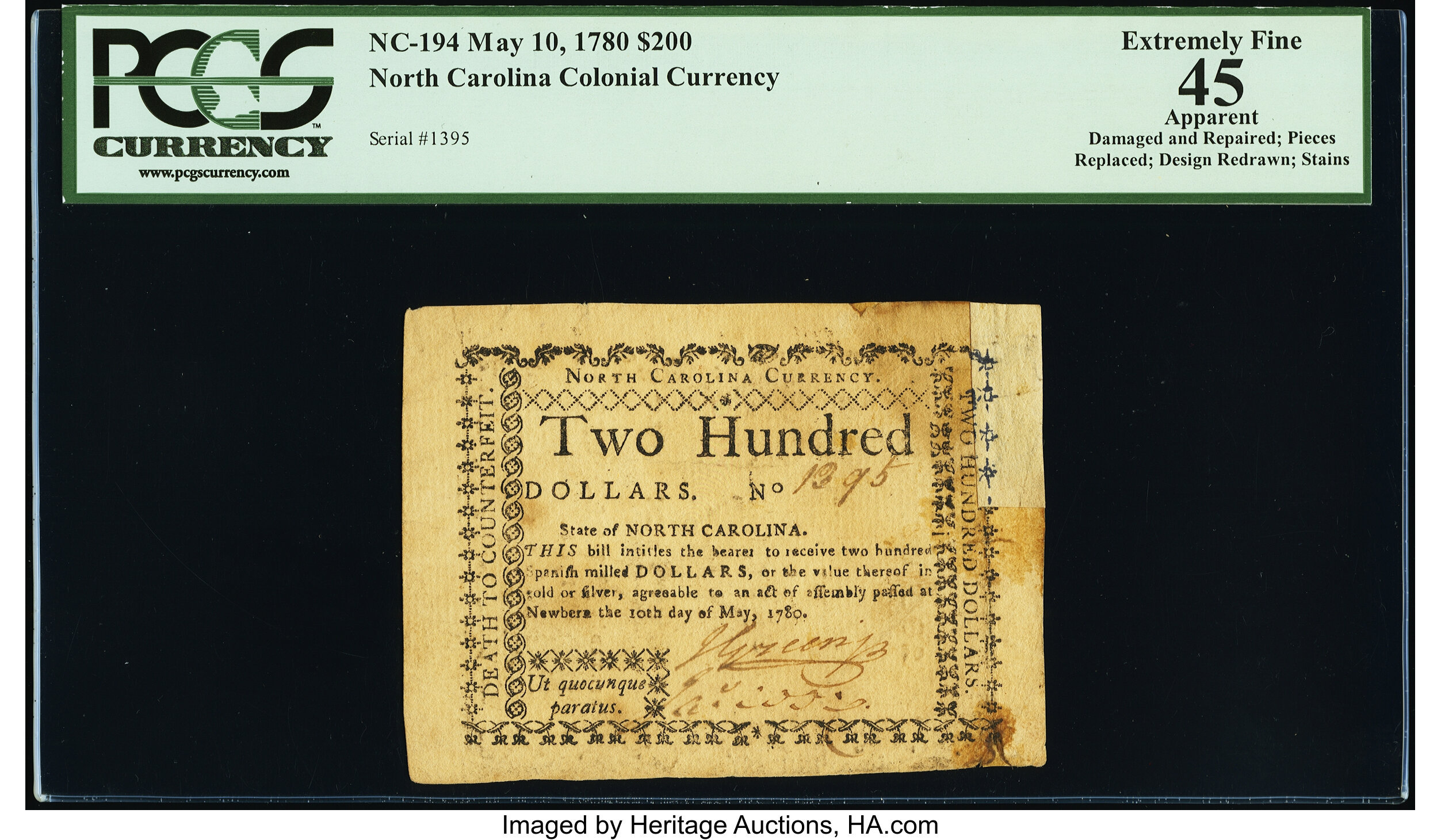 image for: North Carolina May 10, 1780 $200 Ut quocunque paratus PCGS Apparent Extremely Fine 45....
