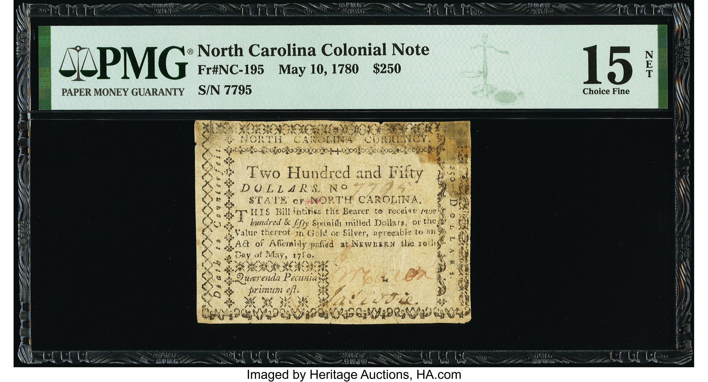 image for: North Carolina May 10, 1780 $250 Quaerenda Pecunia Primum Est. PMG Choice Fine 15 Net....