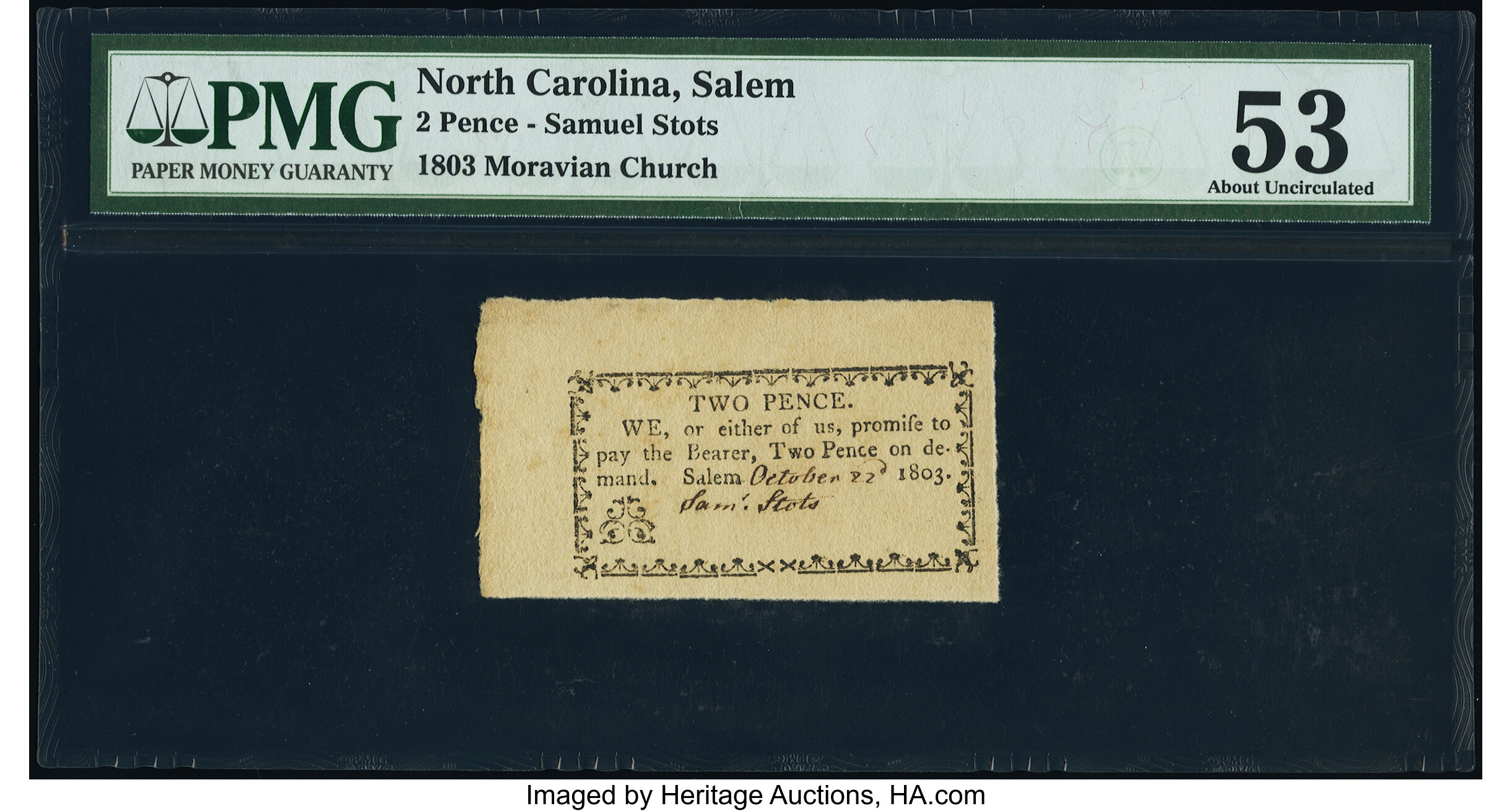 image for: North Carolina Samuel Stots, Salem October 22, 1803 2d PMG About Uncirculated 53....
