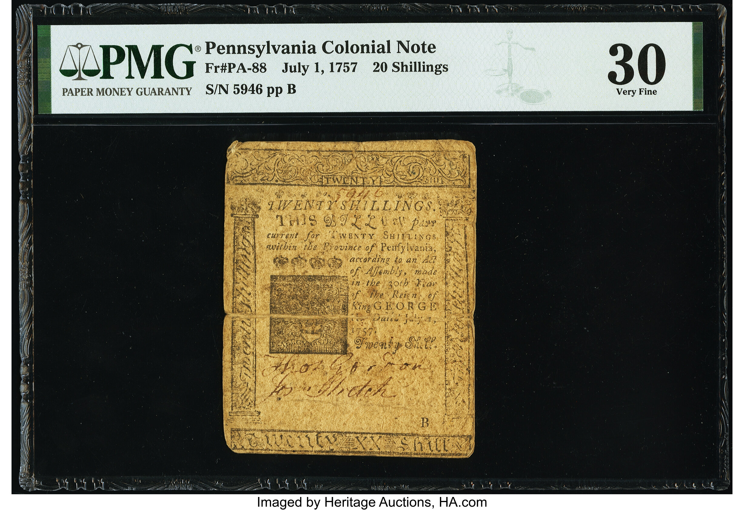 image for: Pennsylvania July 1, 1757 20s PMG Very Fine 30....