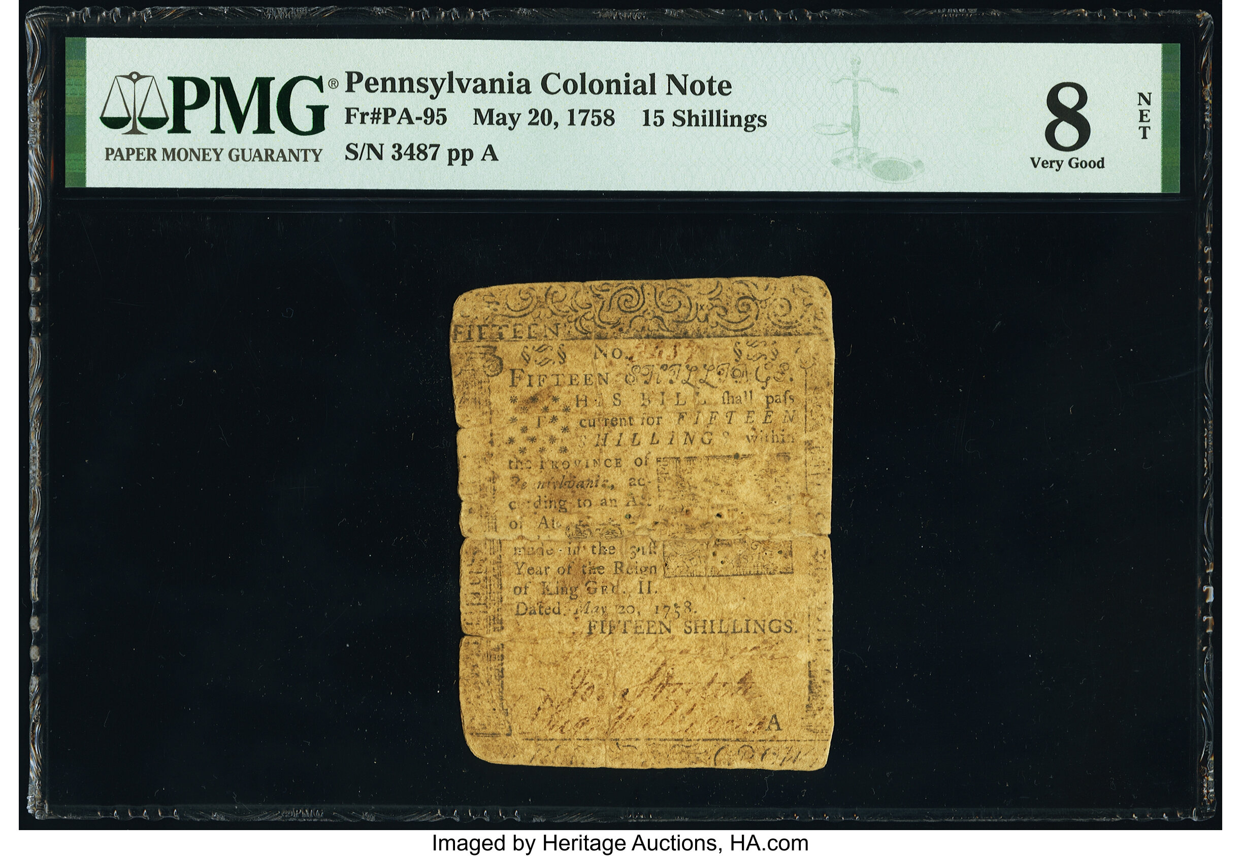 image for: Pennsylvania May 20, 1758 15s PMG Very Good 8 Net....