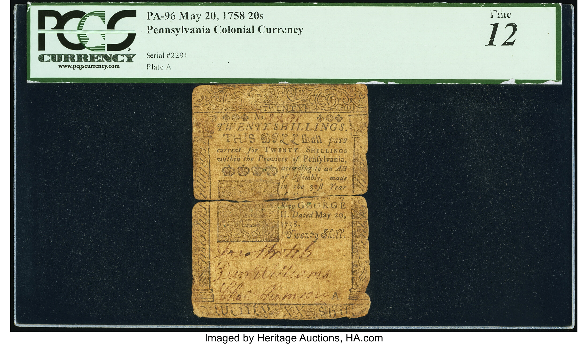 image for: Pennsylvania May 20, 1758 20s PCGS Fine 12....
