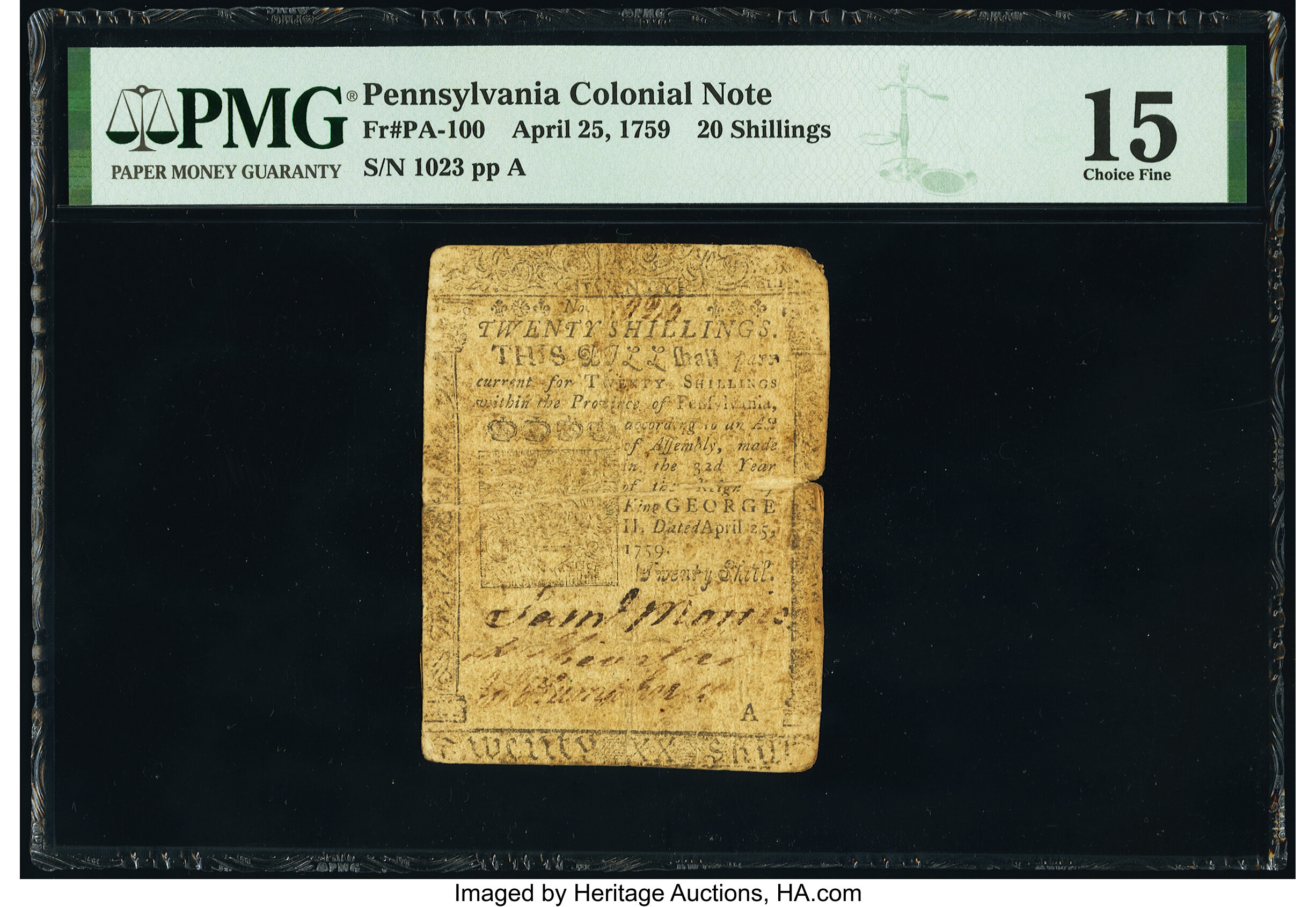 image for: Pennsylvania April 25, 1759 20s PMG Choice Fine 15....