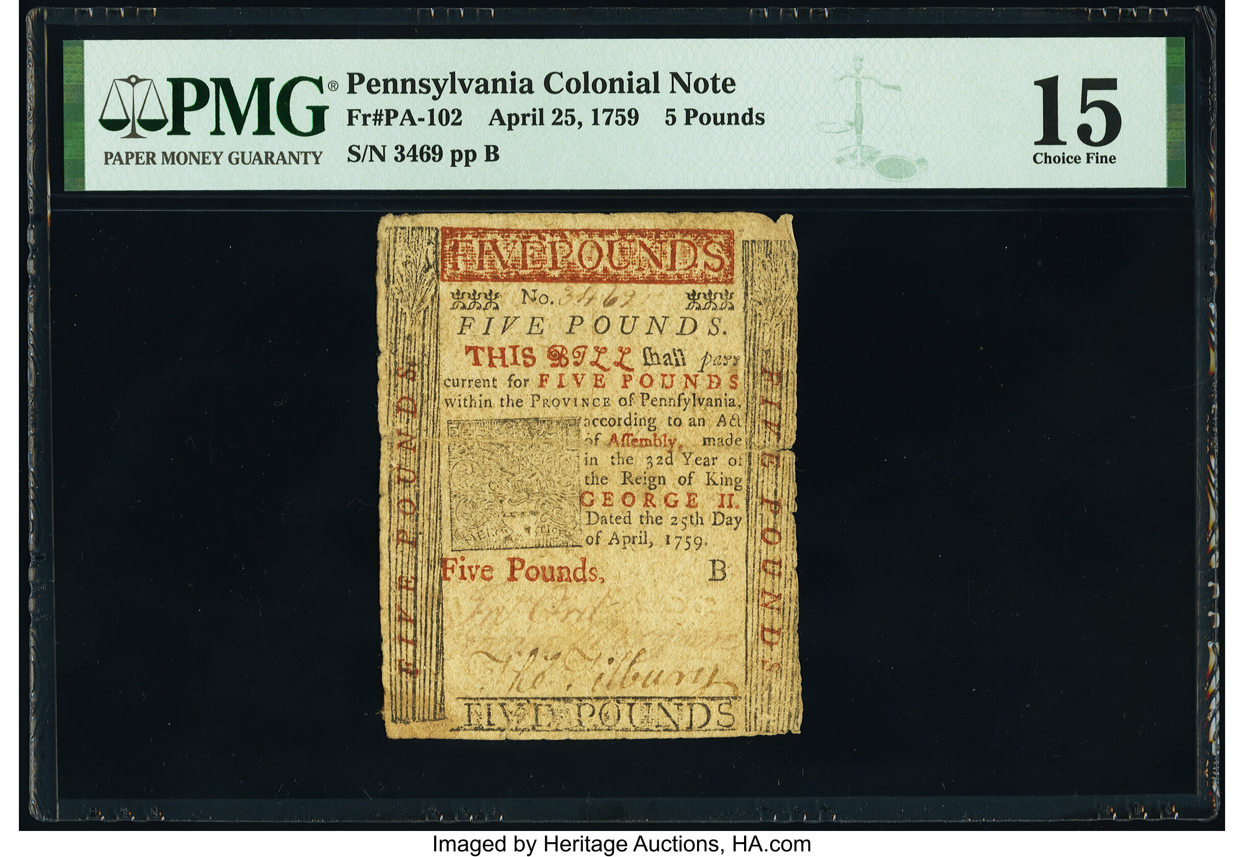 image for: Pennsylvania April 25, 1759 £5 PMG Choice Fine 15....