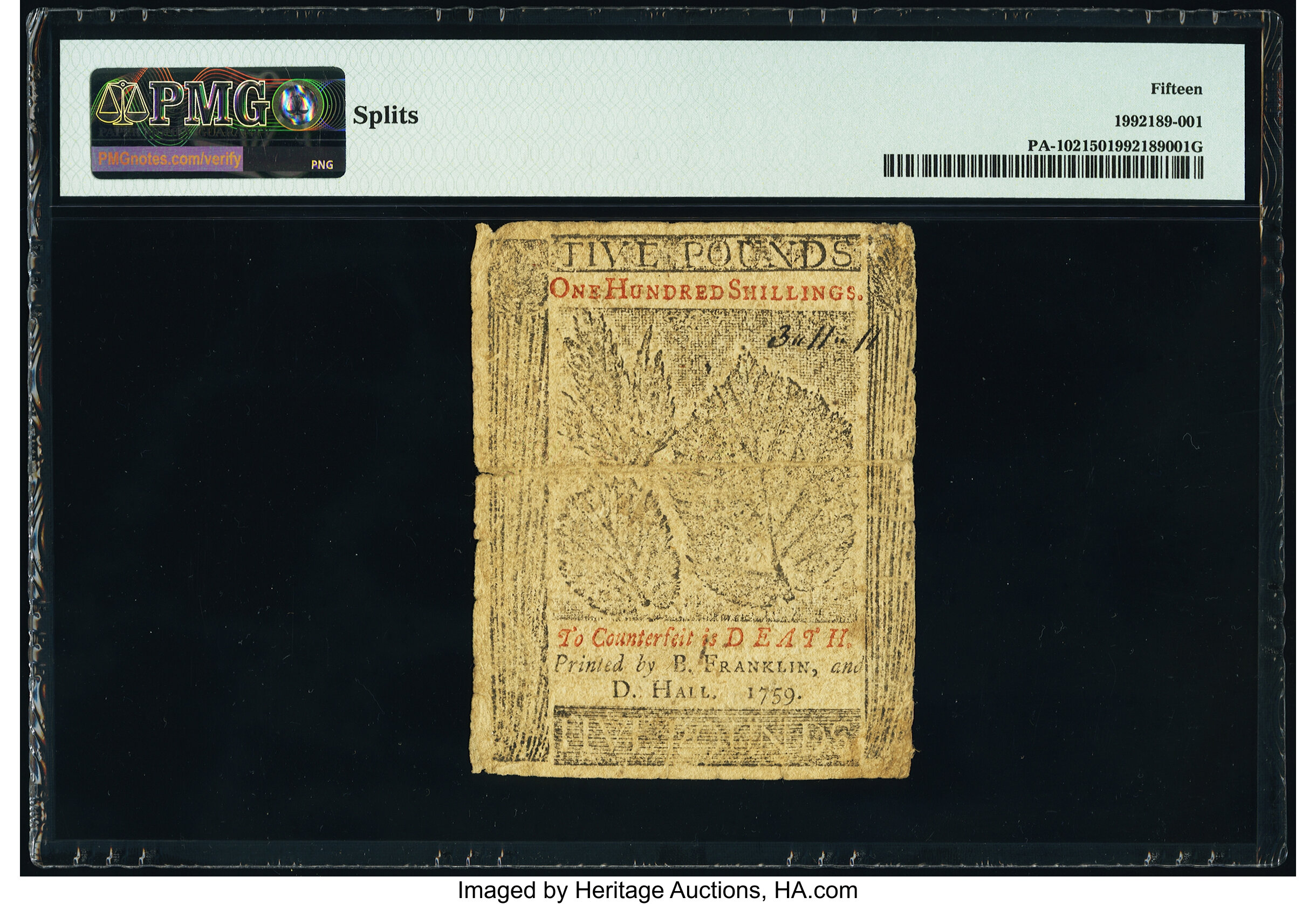 image for: Pennsylvania April 25, 1759 £5 PMG Choice Fine 15....