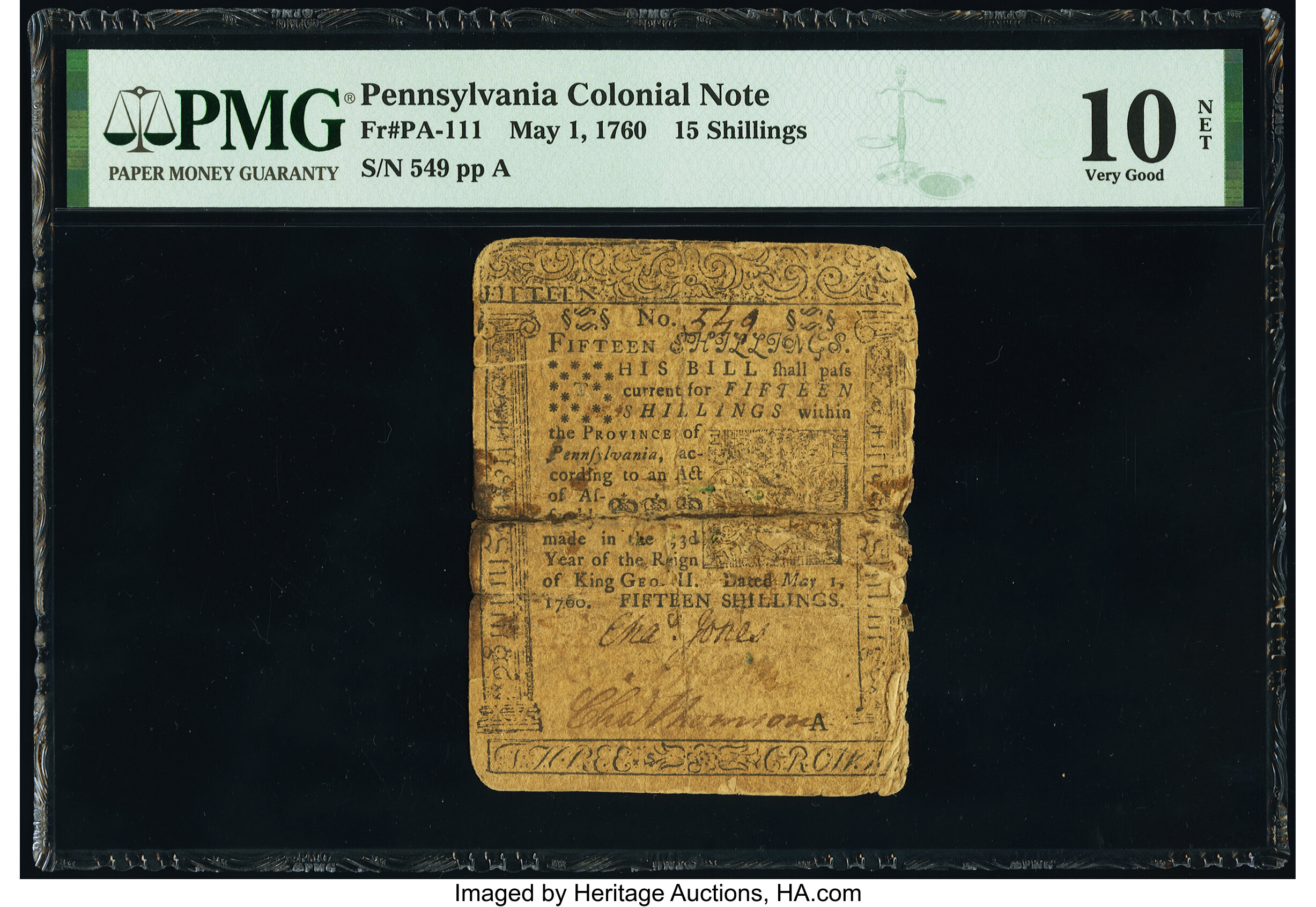 image for: Pennsylvania May 1, 1760 15s PMG Very Good 10 Net....