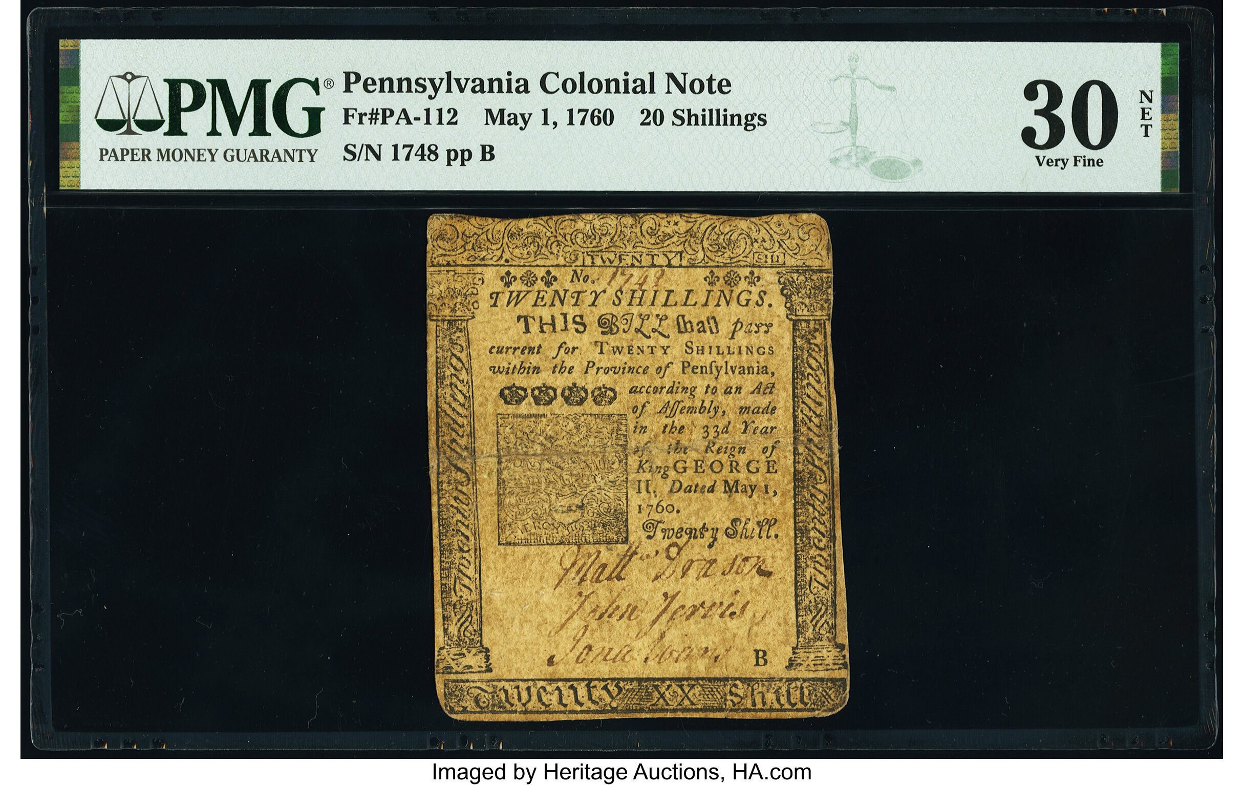 image for: Pennsylvania May 1, 1760 20s PMG Very Fine 30 Net....