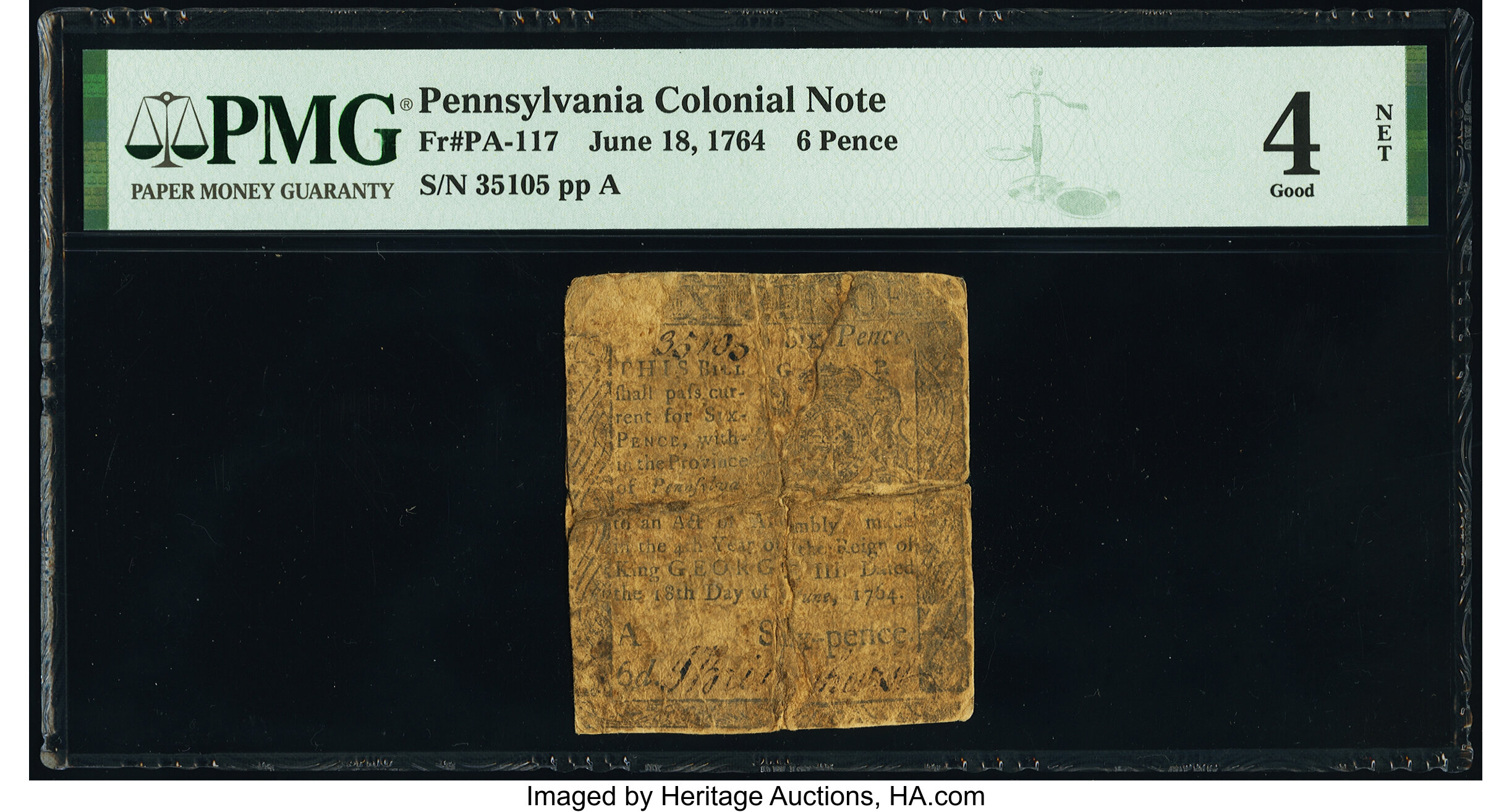 image for: Pennsylvania June 18, 1764 6d PMG Good 4 Net....