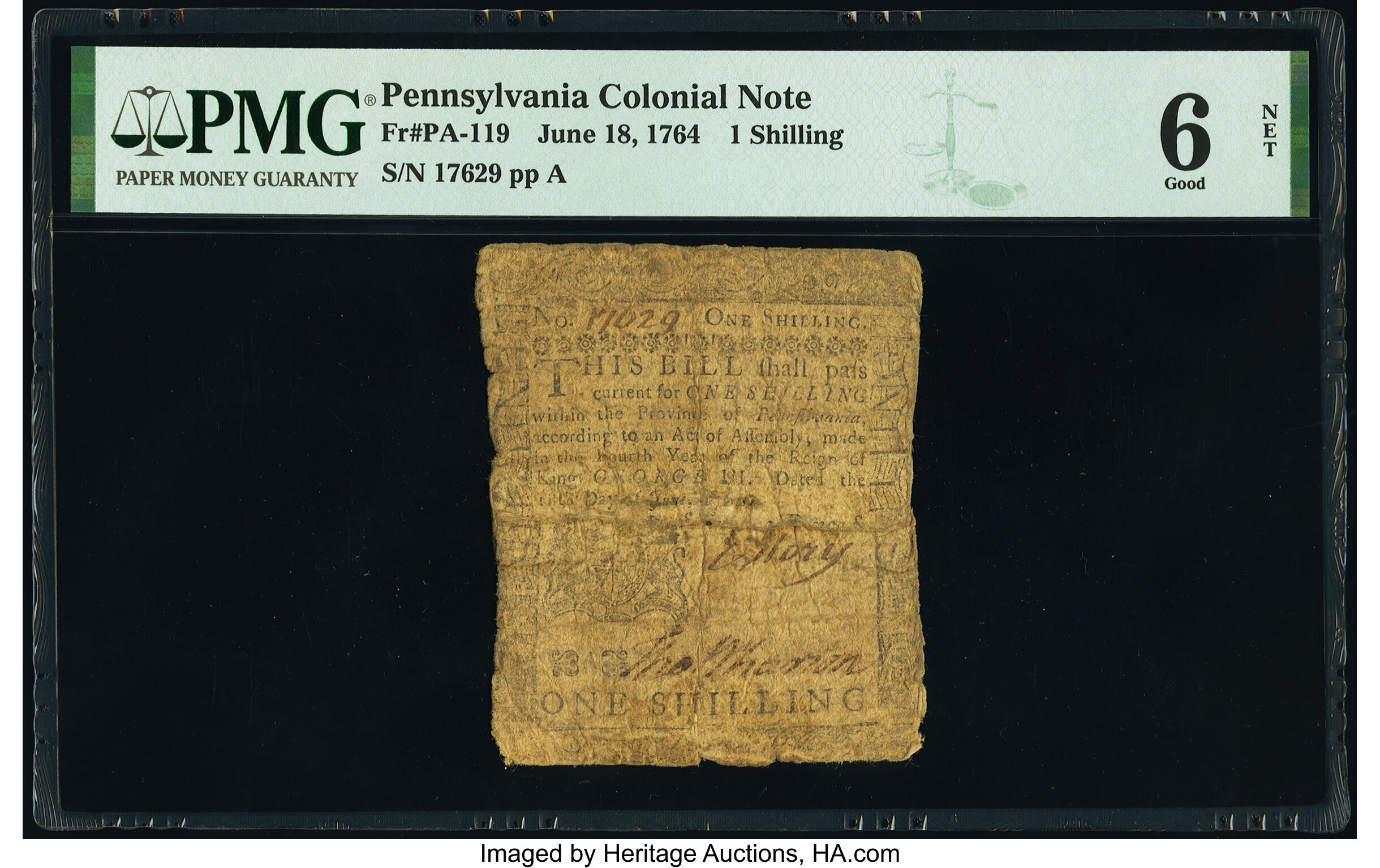 image for: Pennsylvania June 18, 1764 1s PMG Good 6 Net....