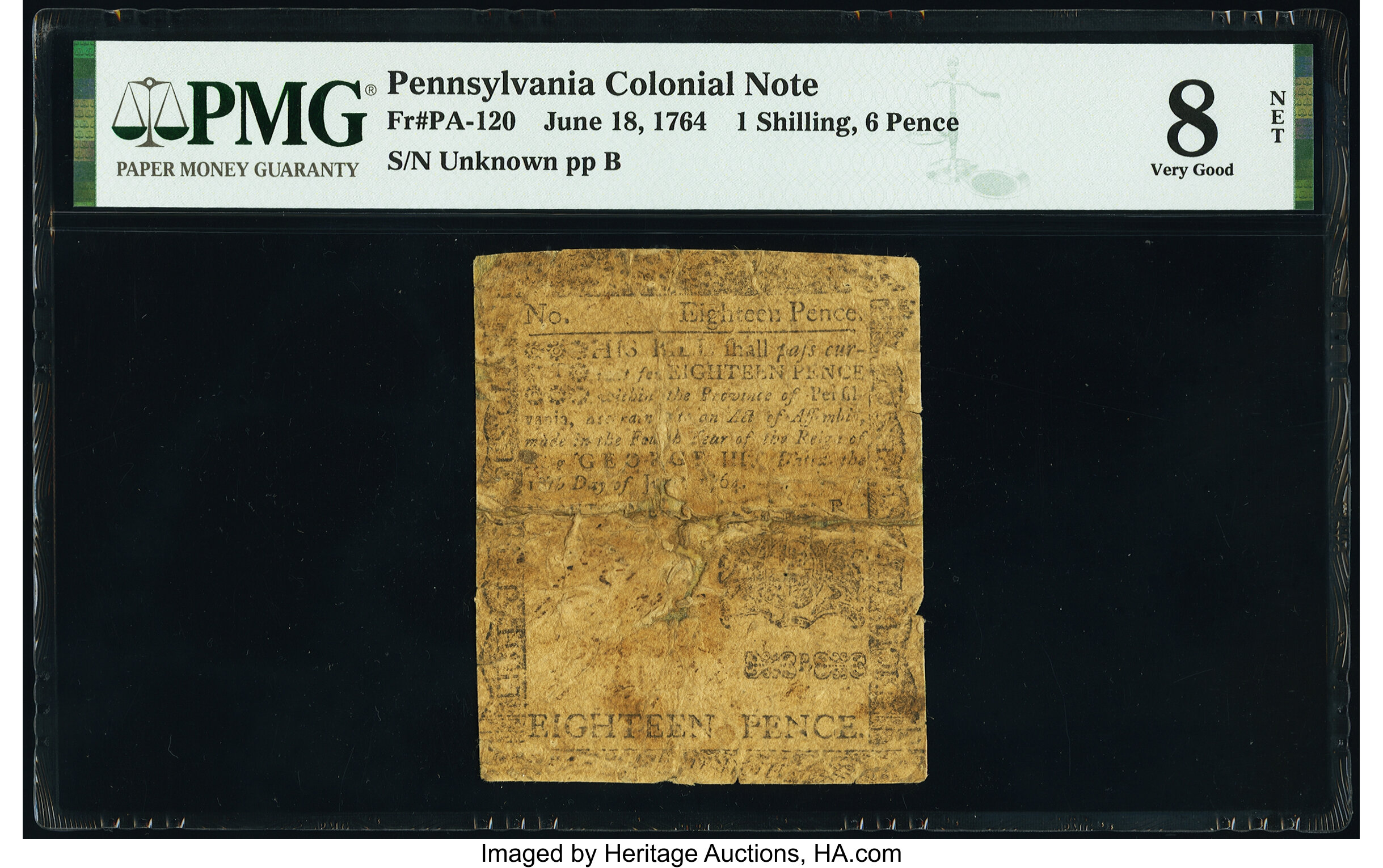 image for: Pennsylvania June 18, 1764 1s 6d PMG Very Good 8 Net....