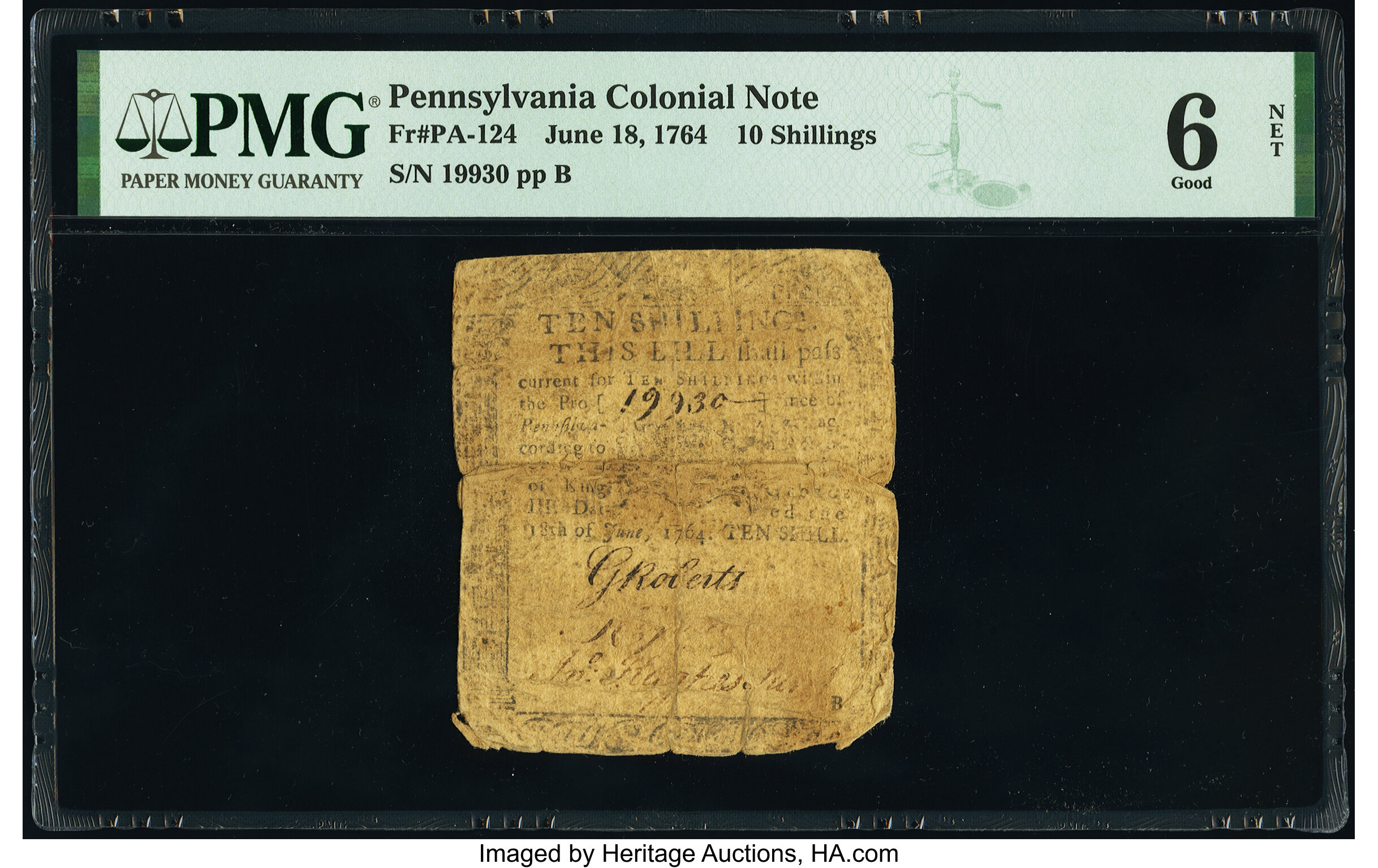 image for: Pennsylvania June 18, 1764 10s PMG Good 6 Net....