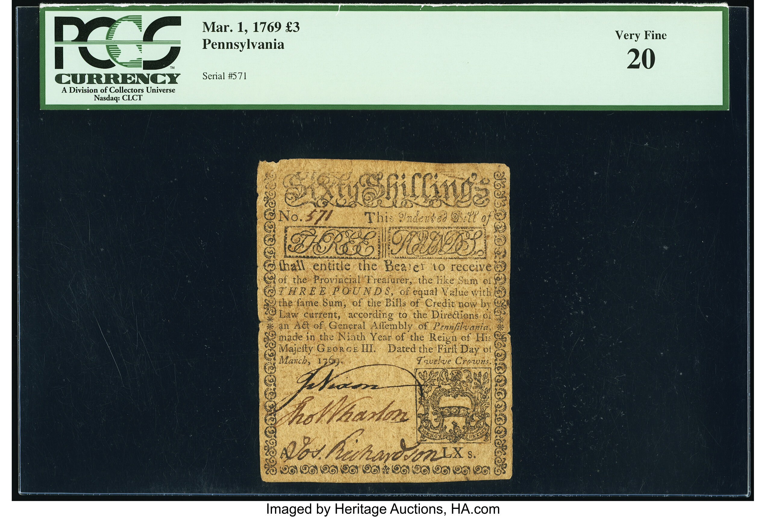 image for: Pennsylvania March 1, 1769 £3 PCGS Very Fine 20....