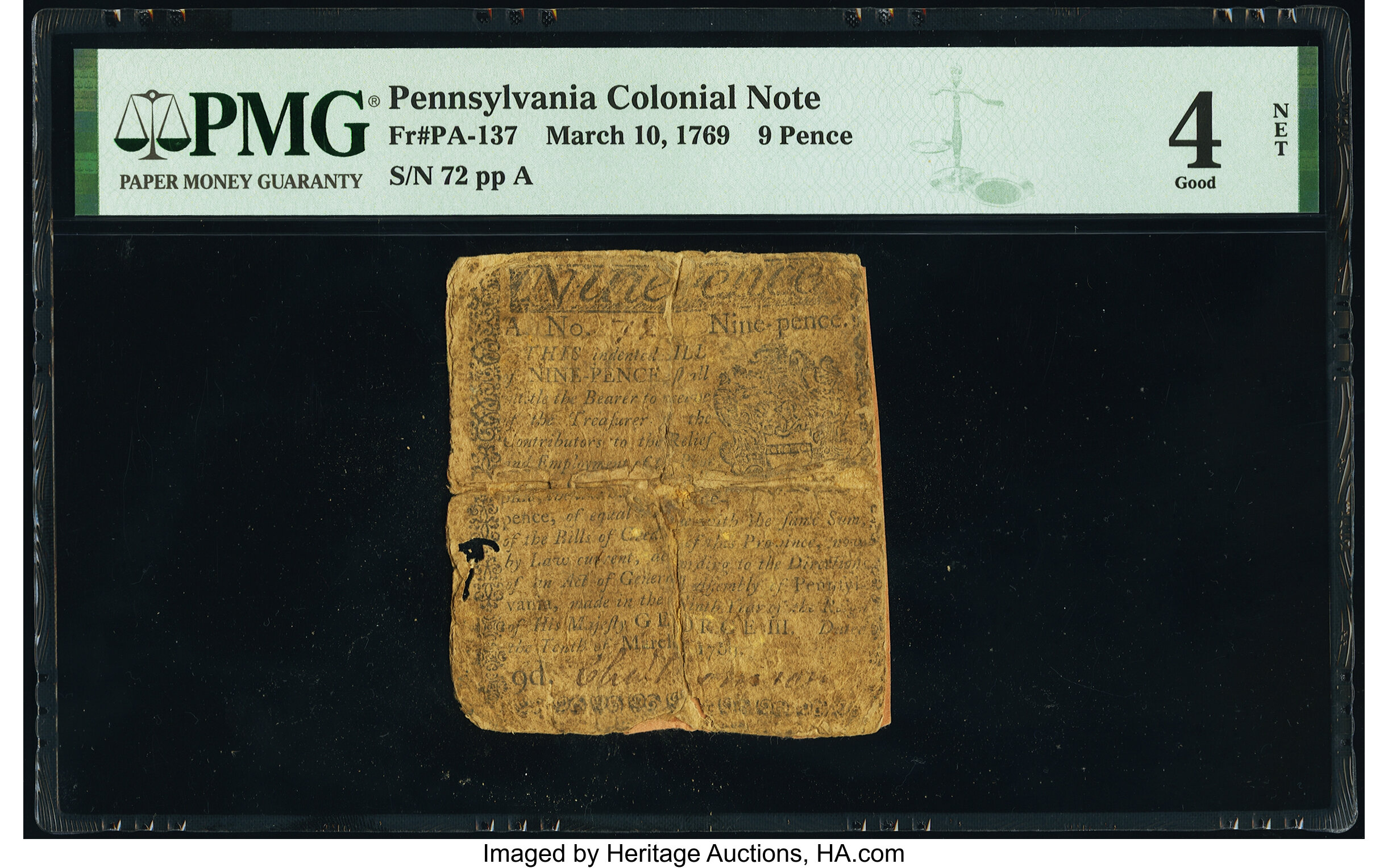 image for: Pennsylvania March 10, 1769 9d PMG Good 4 Net....