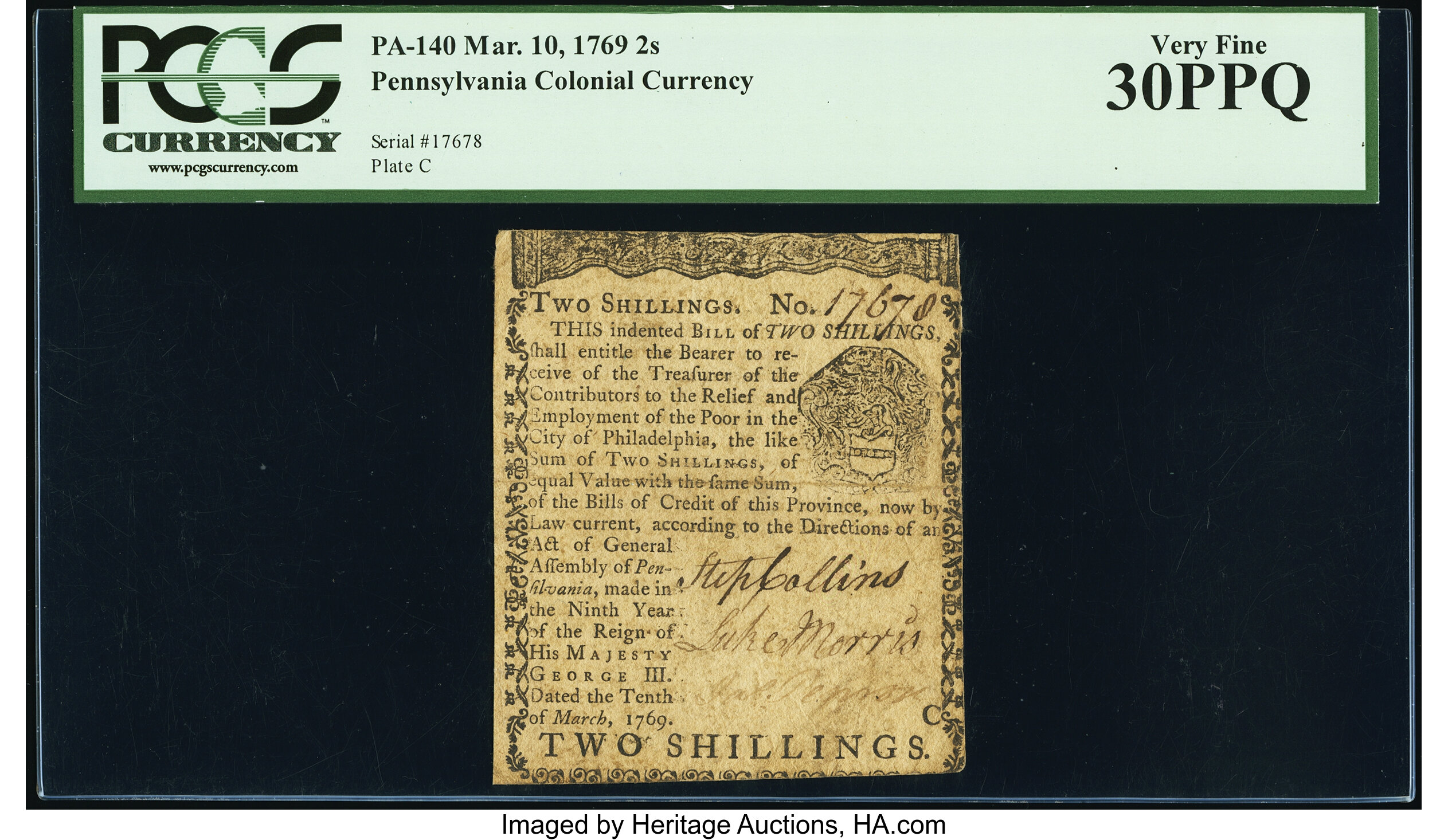 image for: Pennsylvania March 10, 1769 2s PCGS Very Fine 30PPQ....
