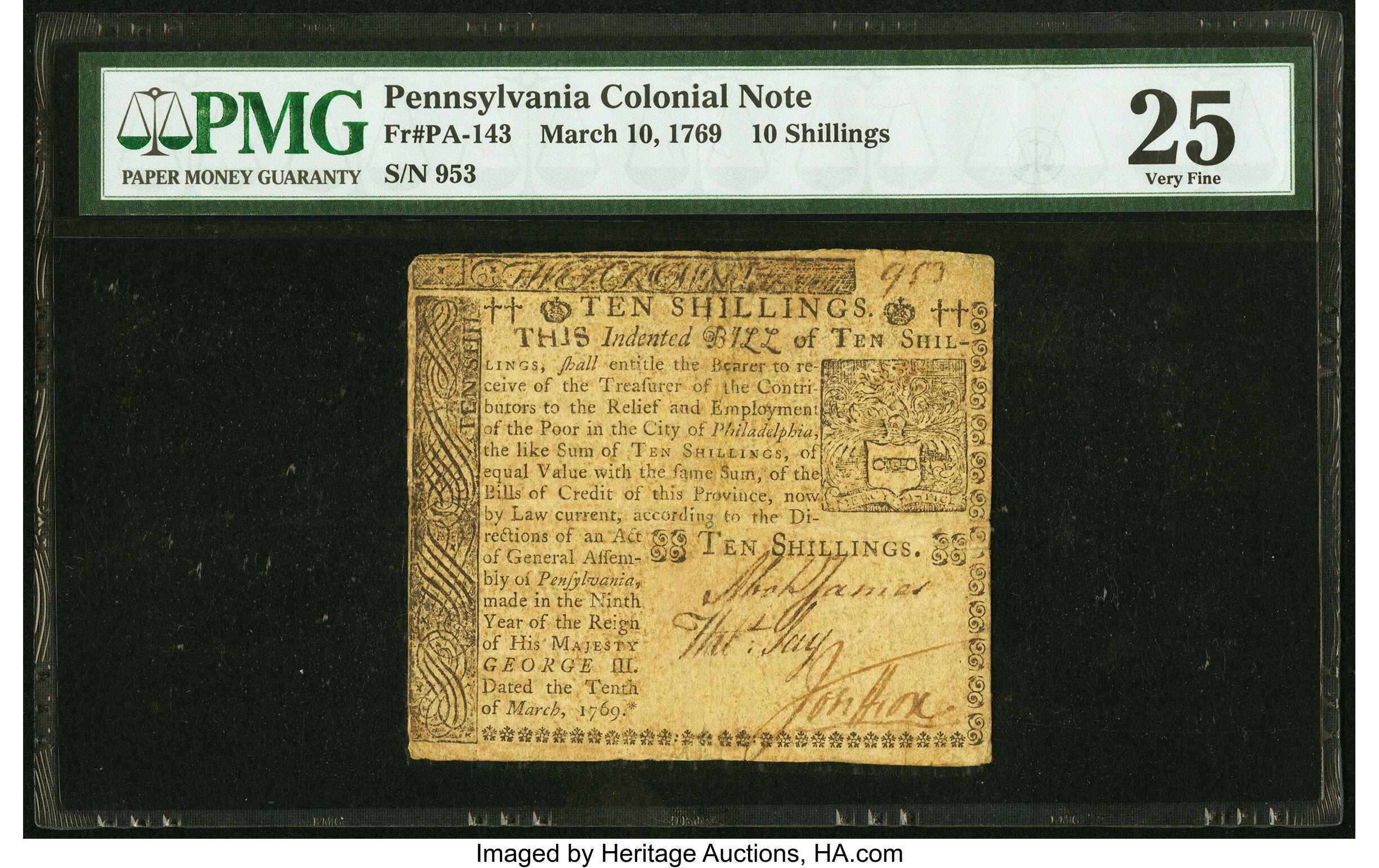 image for: Pennsylvania March 10, 1769 10s PMG Very Fine 25....