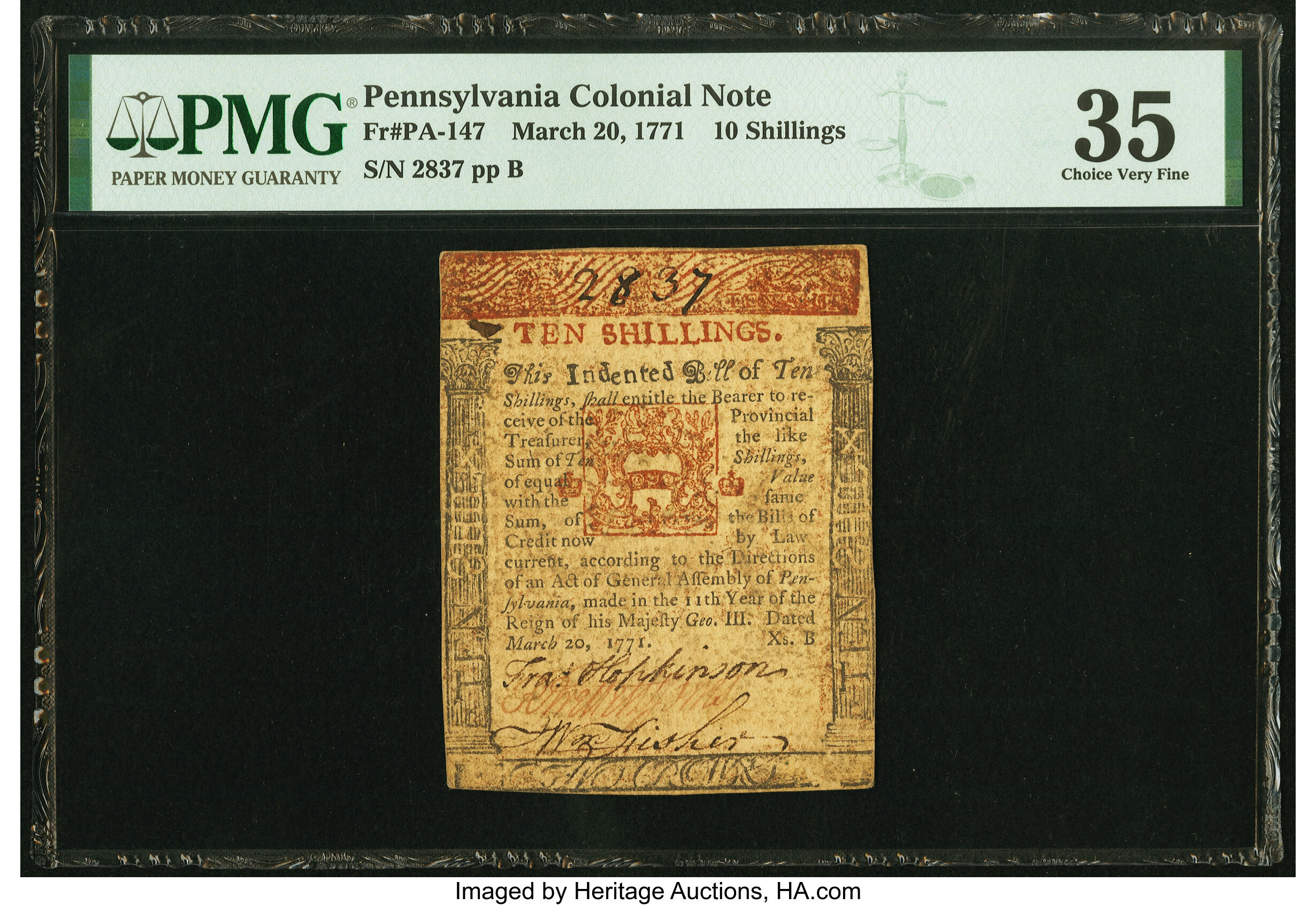 image for: Pennsylvania March 20, 1771 10s PMG Choice Very Fine 35....